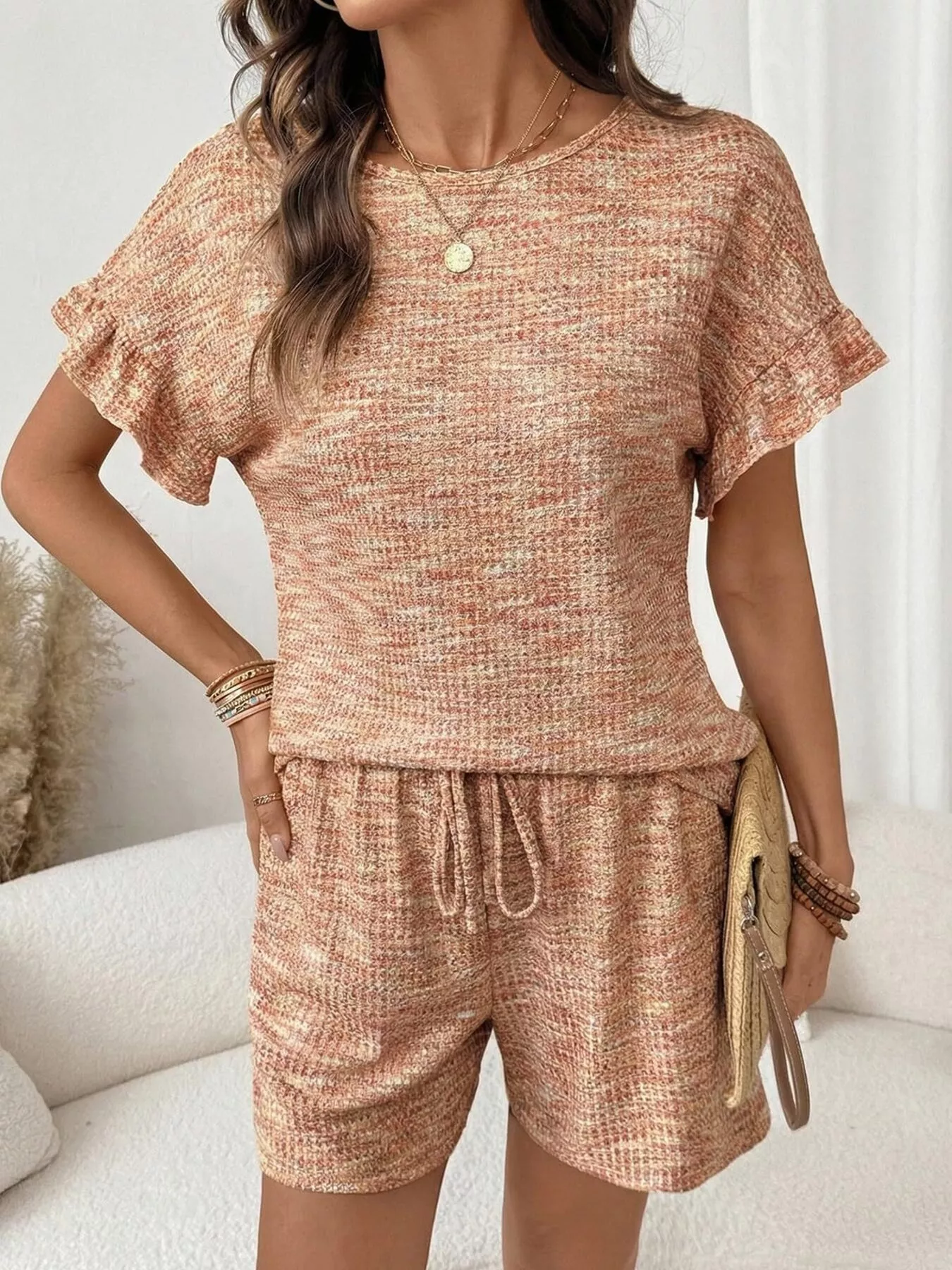 Ruffle Sleeve Textured Top and Shorts Set - Image 20
