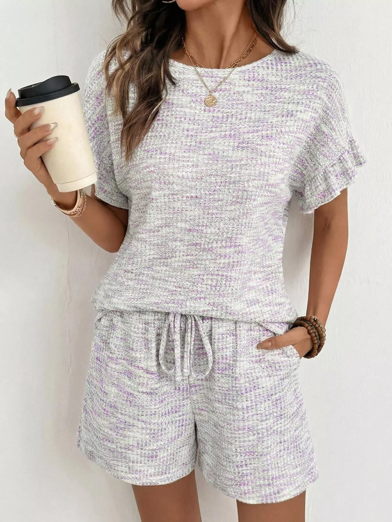 Ruffle Sleeve Textured Top and Shorts Set - Image 26