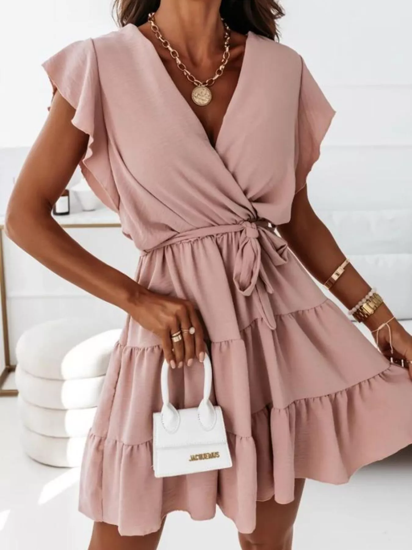 Ruffle Sleeve Tie Waist Tiered Mini Dress - Image 4