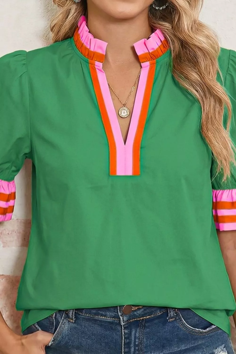 Ruffle Trim Notched Blouse - Image 2