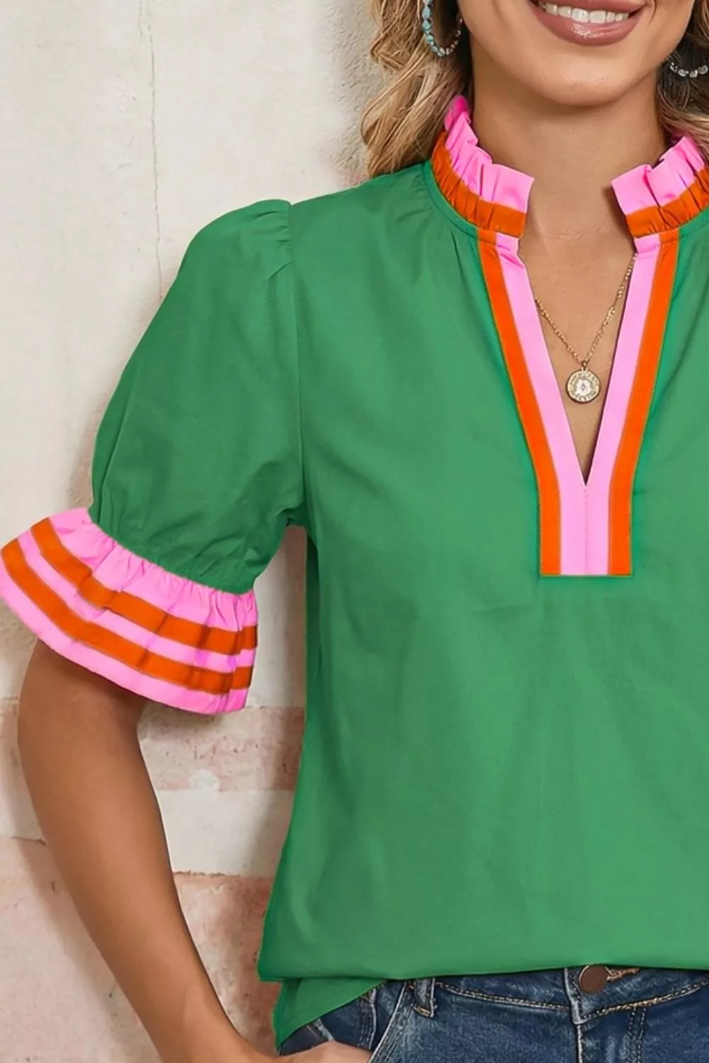 Ruffle Trim Notched Blouse - Image 3