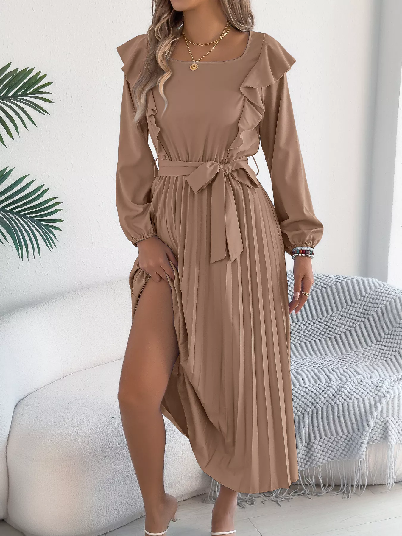 Ruffle Trim Pleated A-Line Midi Dress - Image 13