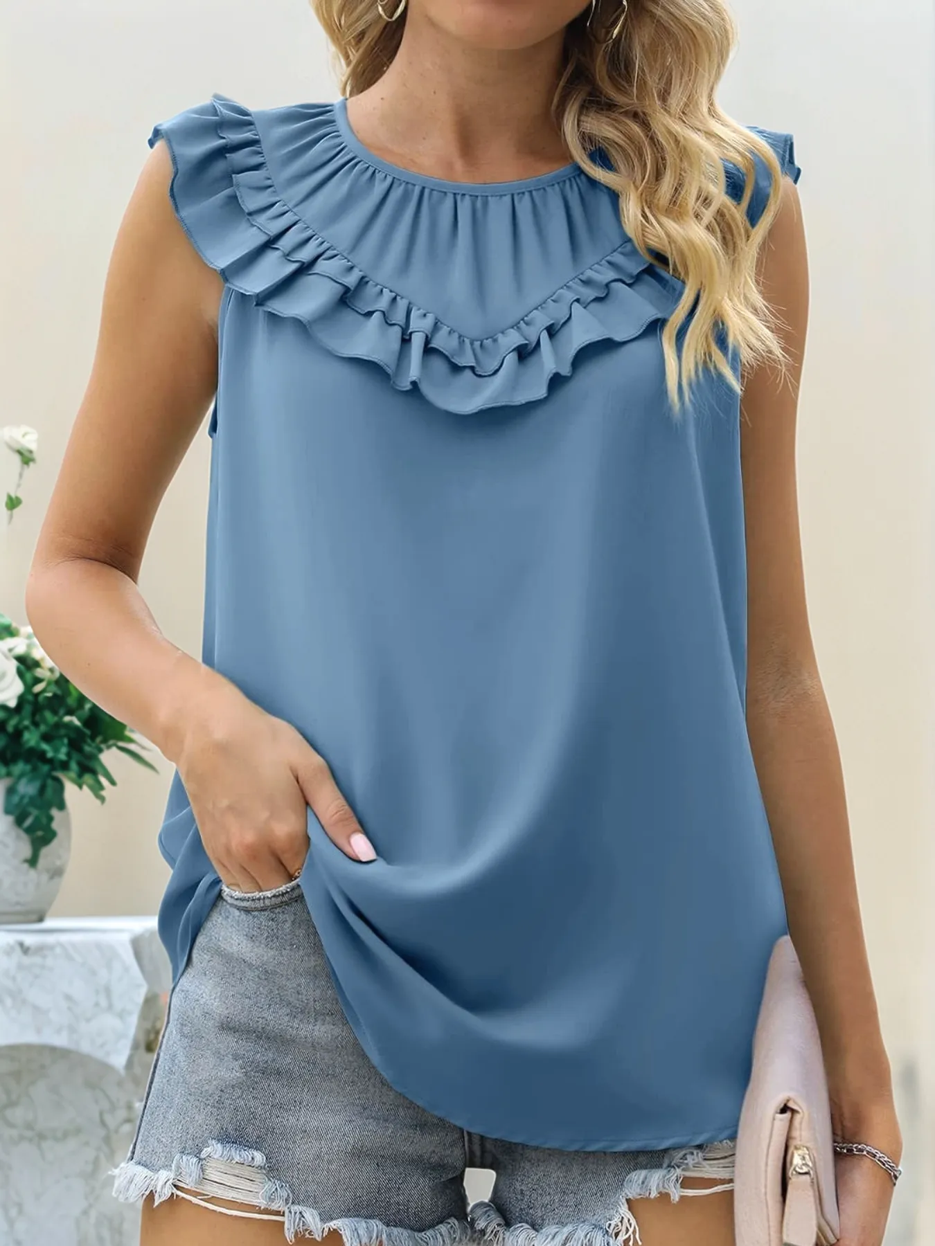 Ruffle Trim Round Neck Blouse - Image 4