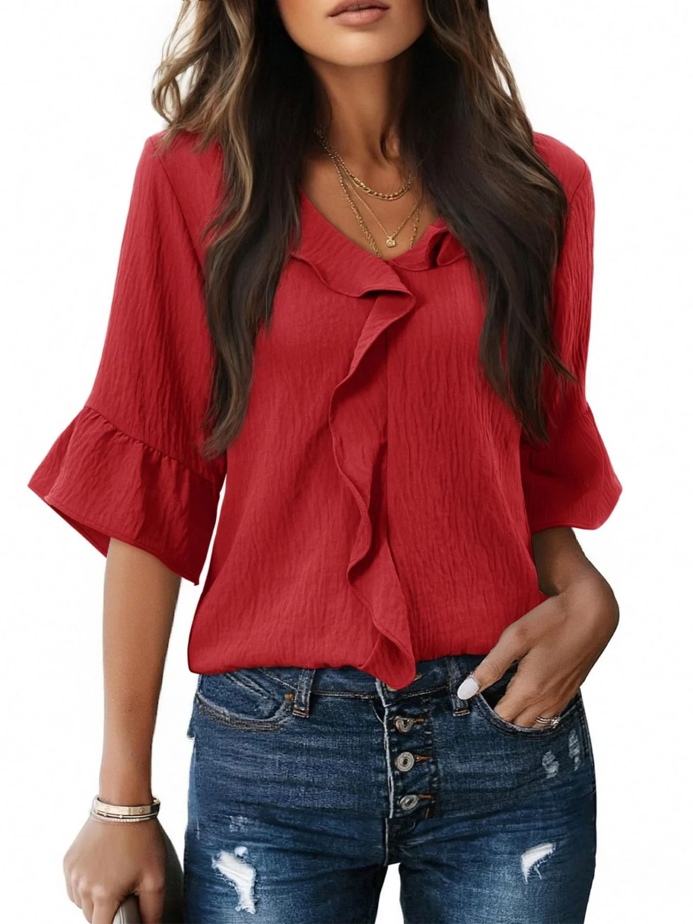 Ruffle V-Neck Flounce Sleeve Blouse - Image 10