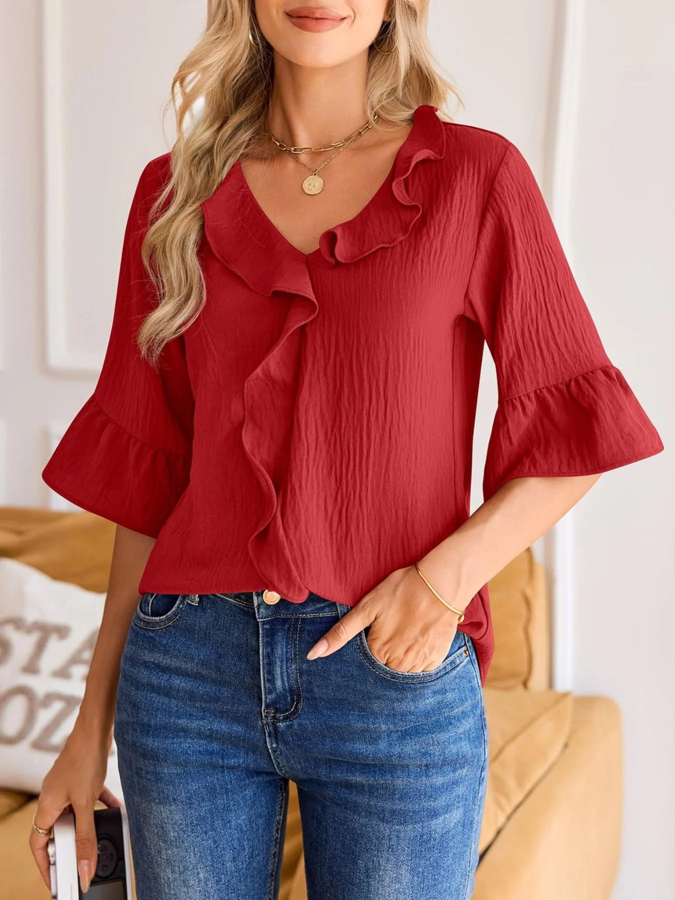 Ruffle V-Neck Flounce Sleeve Blouse - Image 11