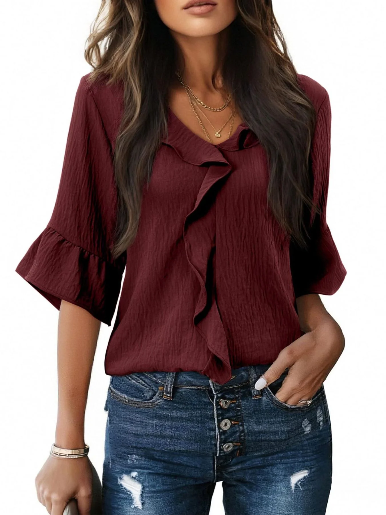 Ruffle V-Neck Flounce Sleeve Blouse - Image 18