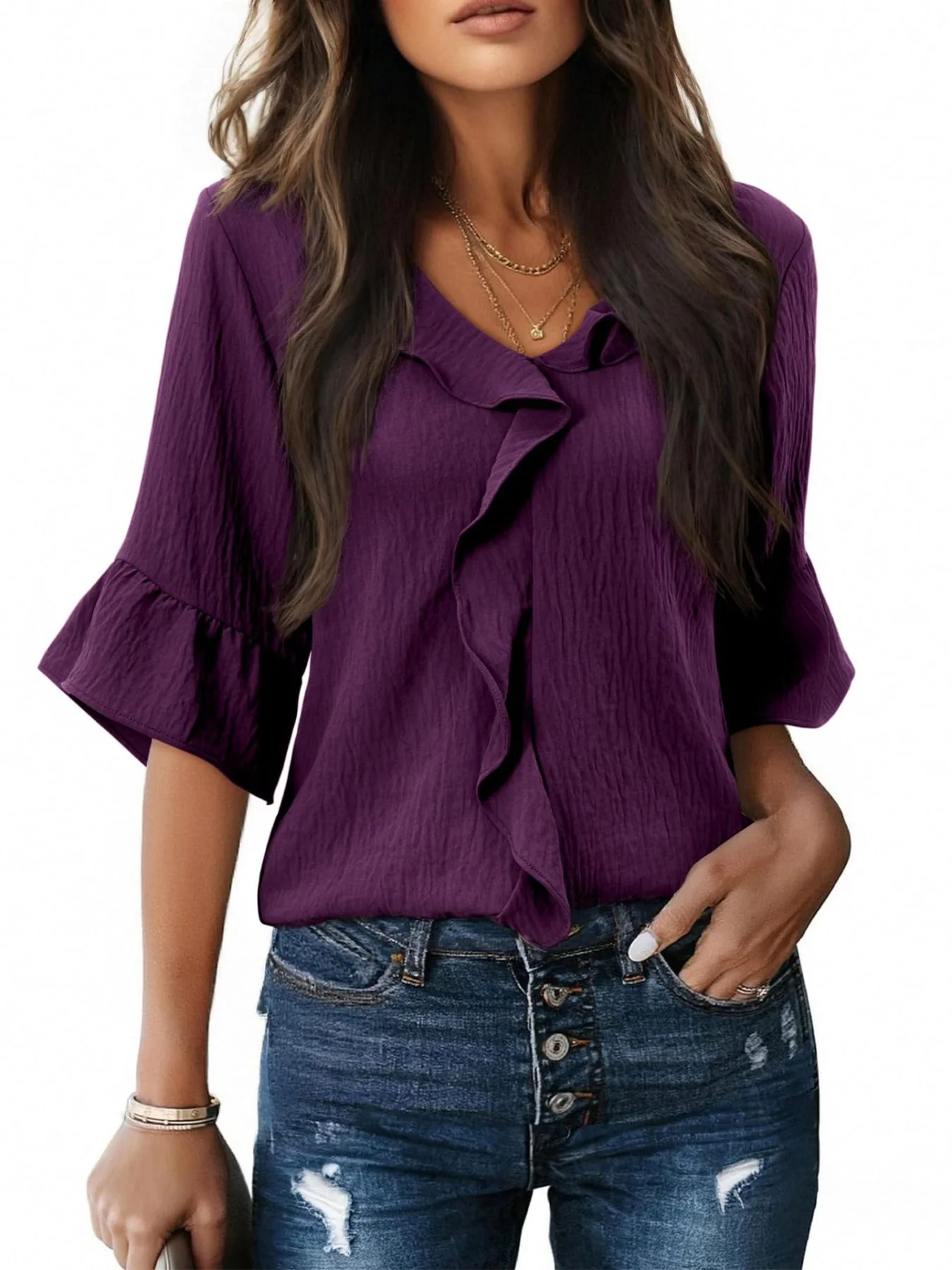 Ruffle V-Neck Flounce Sleeve Blouse - Image 33