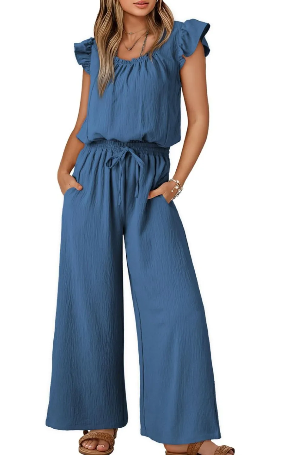 Ruffled Cap Sleeve Wide Leg Jumpsuit - Image 20
