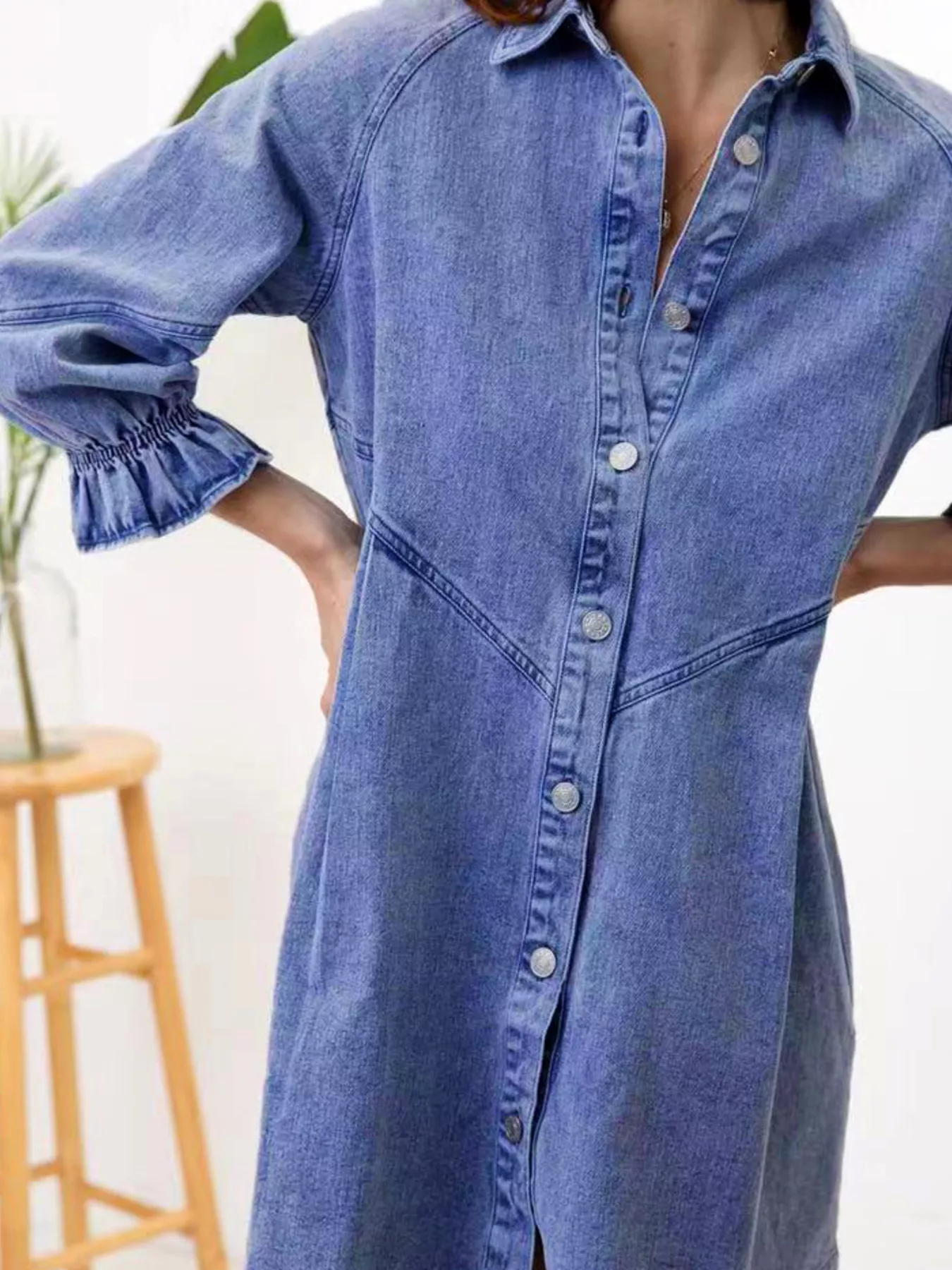 Ruffled Cuff Button-Down Denim Dress - Image 2