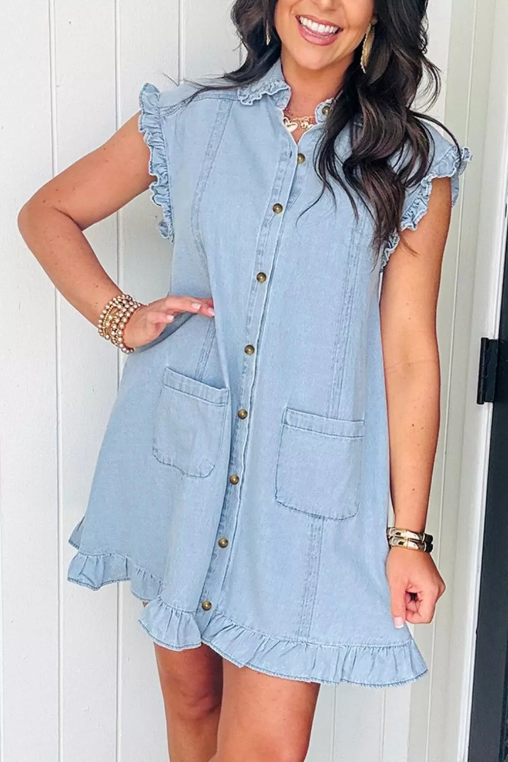 Ruffled Edge Collared Shift Denim Dress with Pockets - Image 4