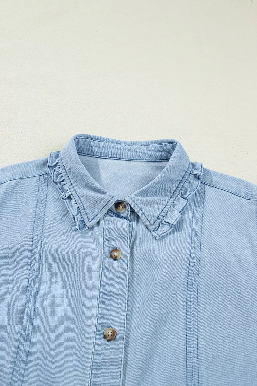 Ruffled Edge Collared Shift Denim Dress with Pockets - Image 9