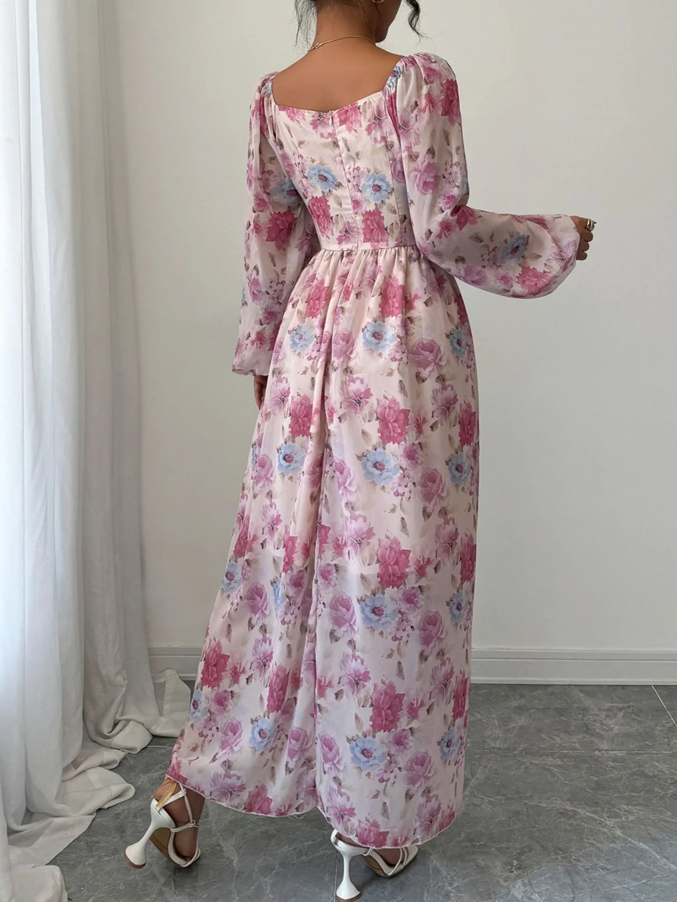 Ruffled Floral Print Balloon Sleeve Maxi Dress - Image 5