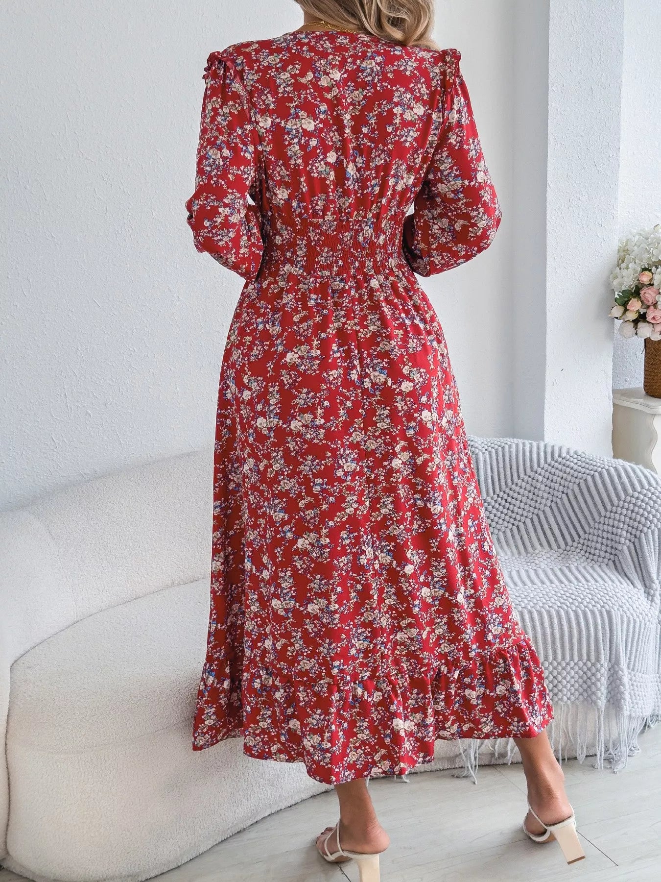 Ruffled Floral V-Neck Flounce Sleeve Dress - Image 11