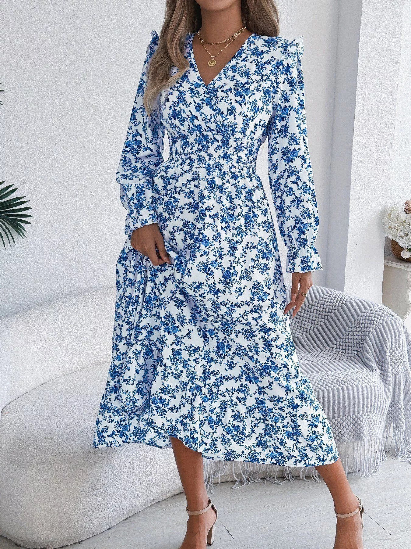 Ruffled Floral V-Neck Flounce Sleeve Dress - Image 14