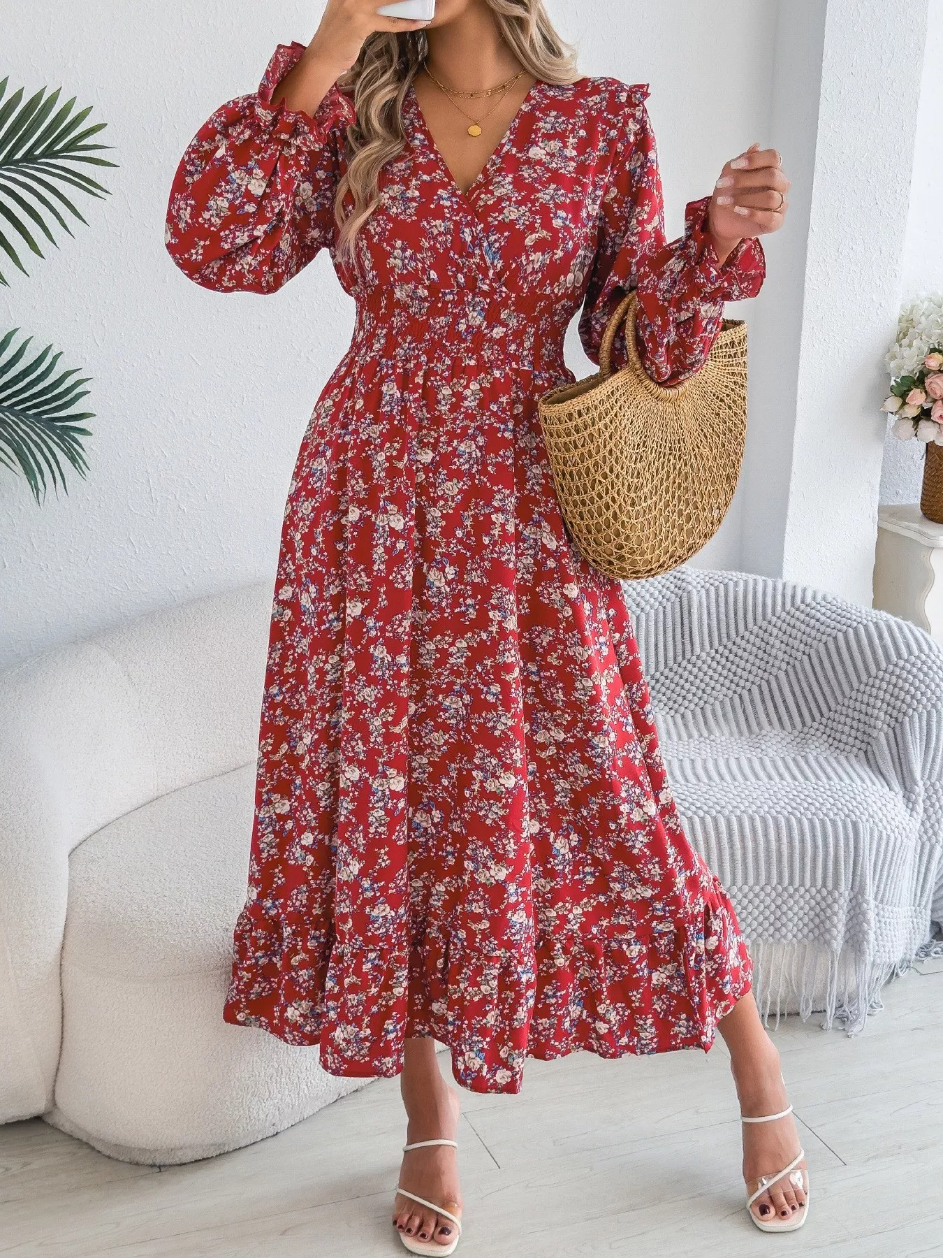 Ruffled Floral V-Neck Flounce Sleeve Dress - Image 7