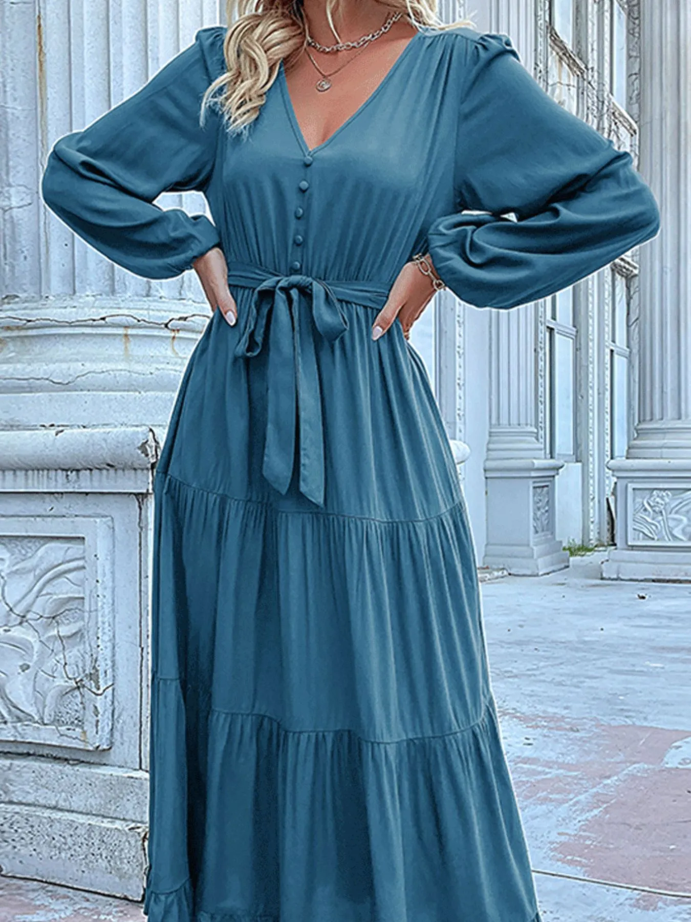 Ruffled Hem V-Neck Balloon Sleeve Dress - Image 11