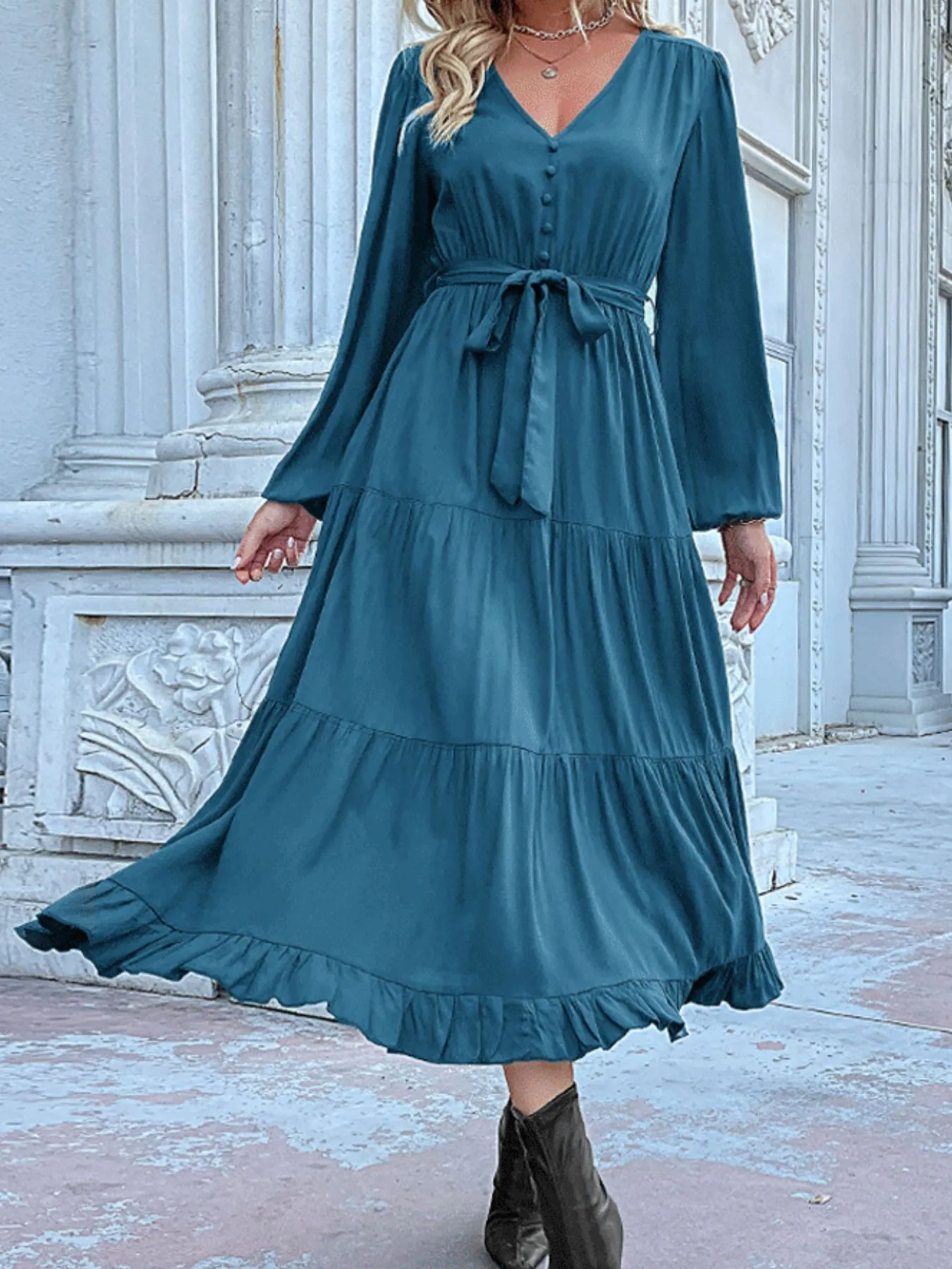 Ruffled Hem V-Neck Balloon Sleeve Dress - Image 12