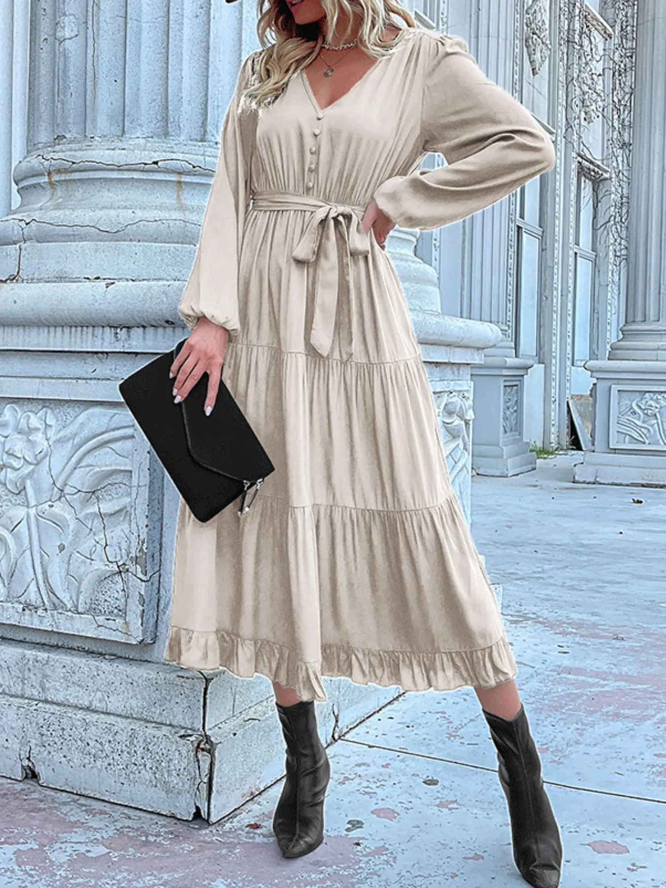 Ruffled Hem V-Neck Balloon Sleeve Dress - Image 23