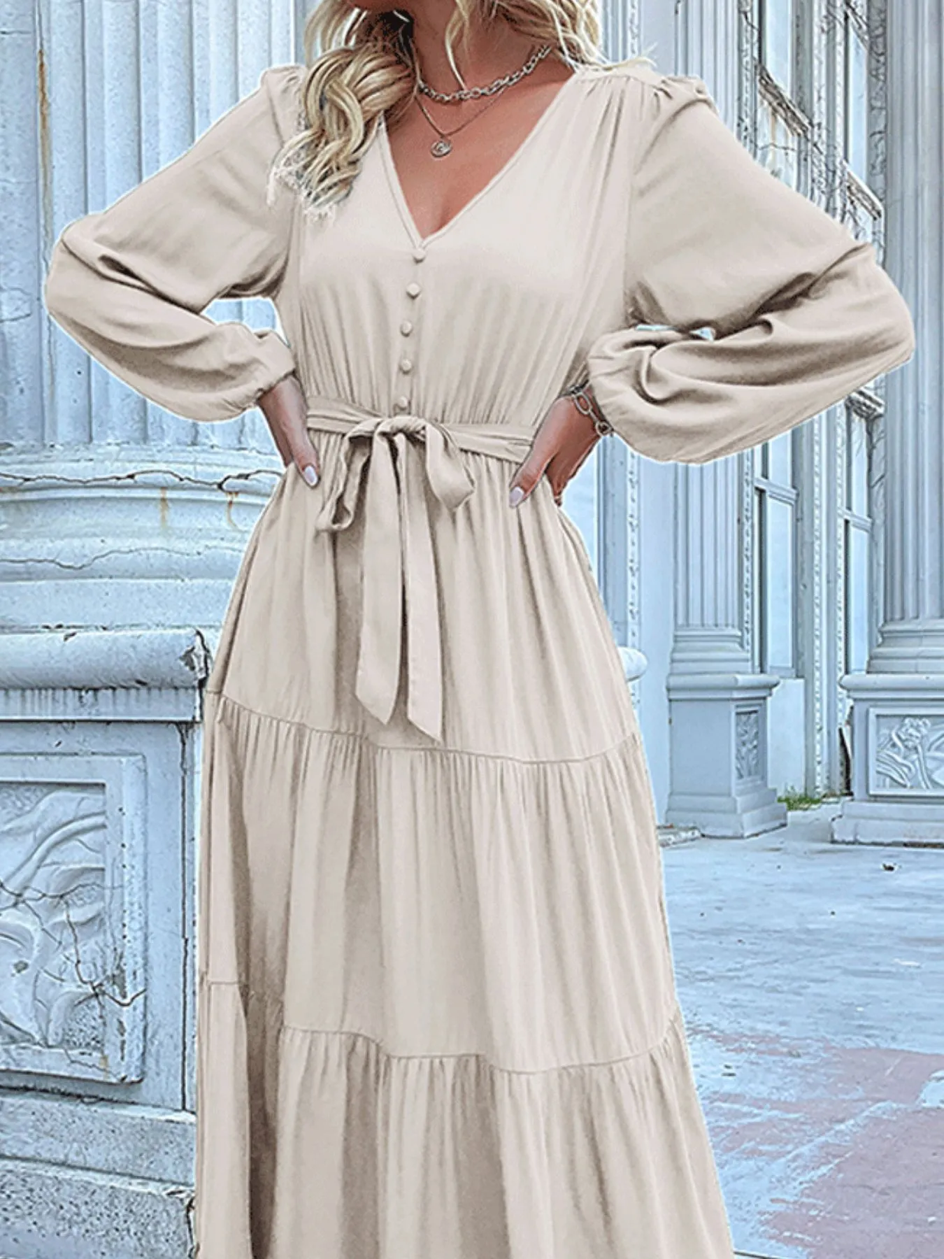 Ruffled Hem V-Neck Balloon Sleeve Dress - Image 25