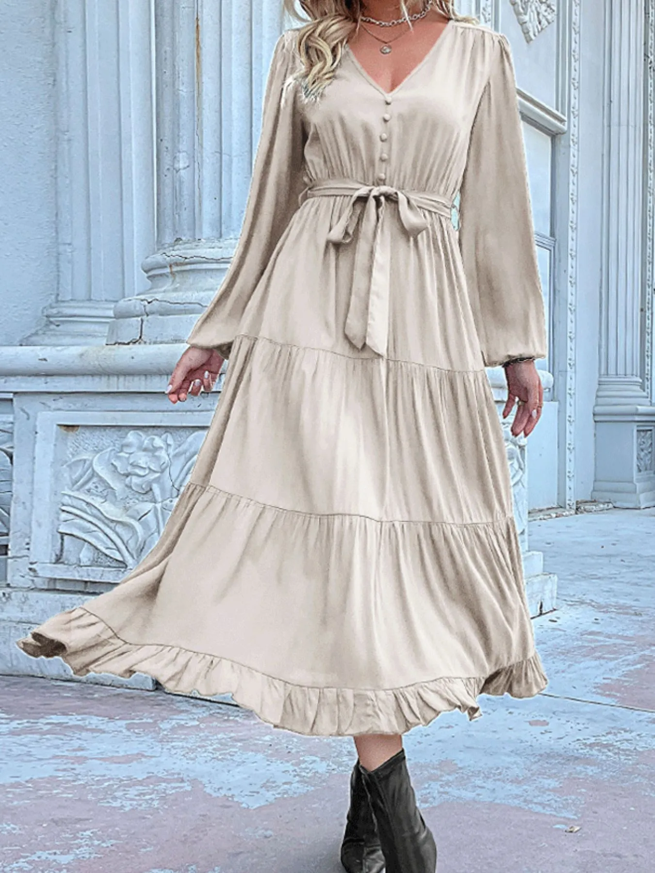 Ruffled Hem V-Neck Balloon Sleeve Dress - Image 26