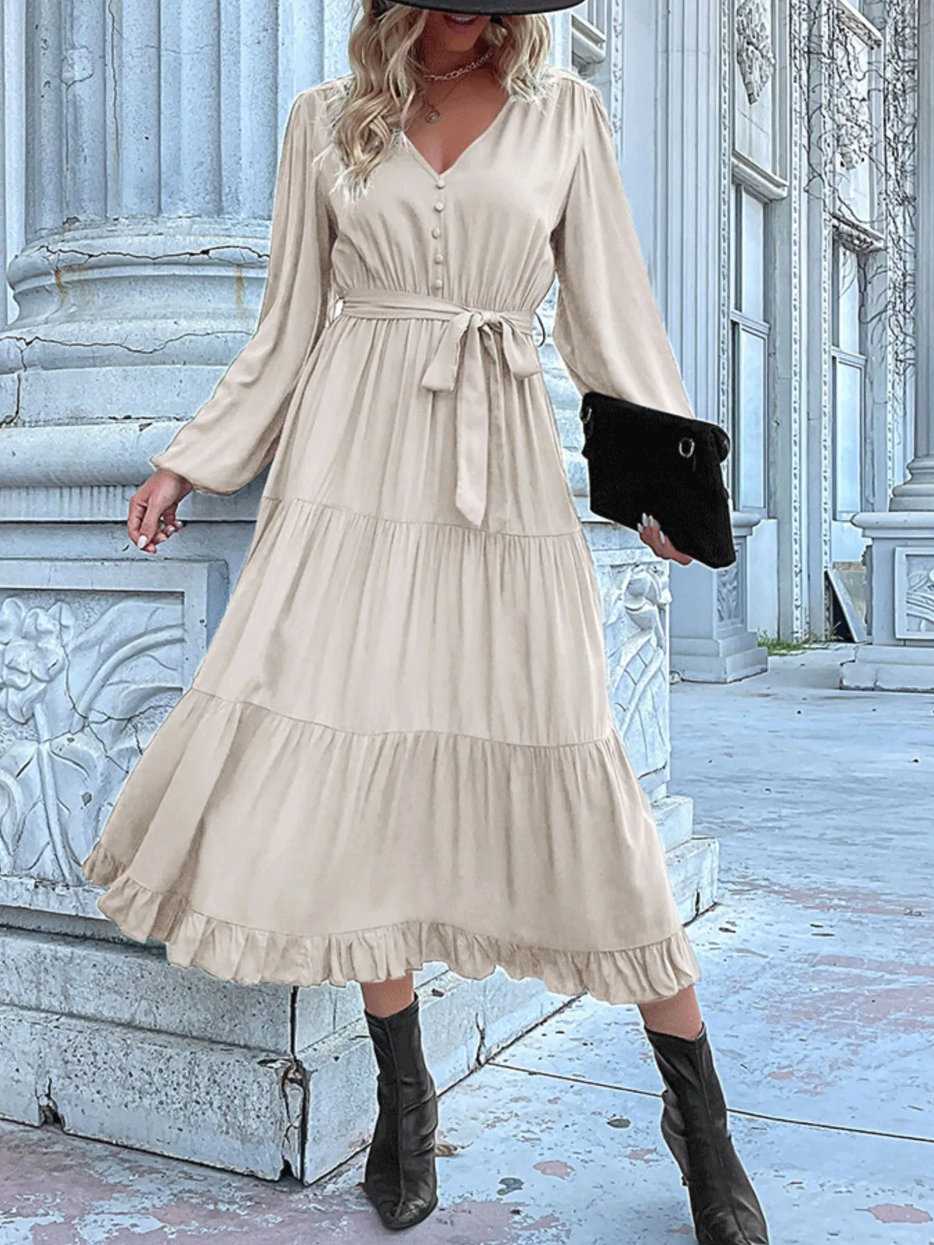 Ruffled Hem V-Neck Balloon Sleeve Dress - Image 28