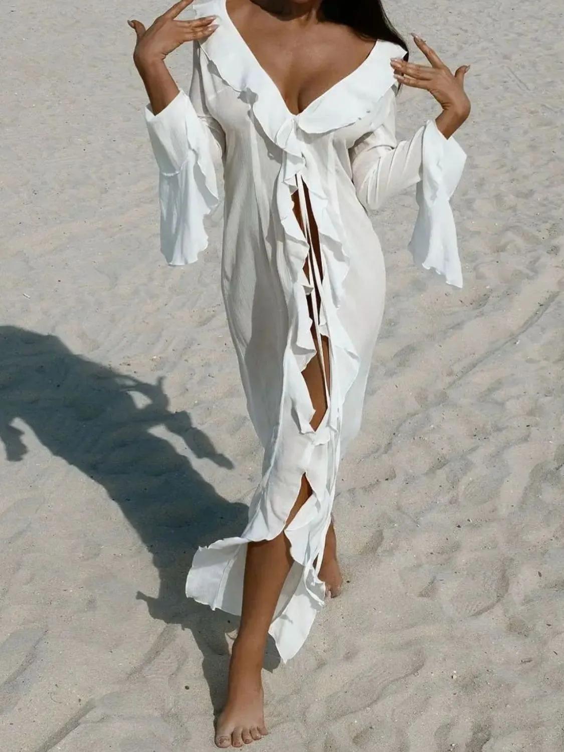 Ruffled Long Sleeve Cover-Up Dress