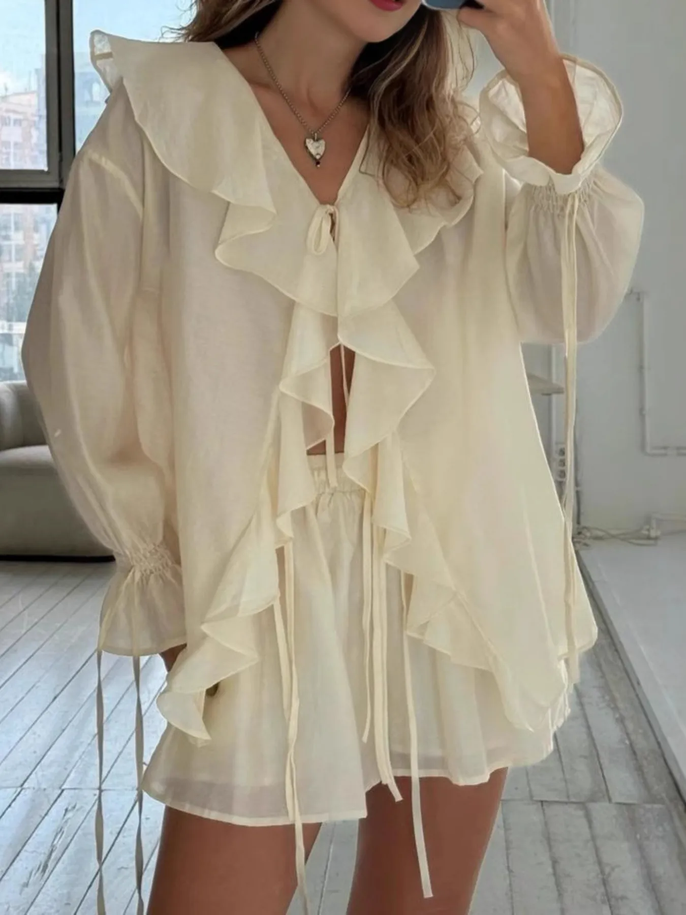 Ruffled Long Sleeve Shirt and Shorts Set - Image 3