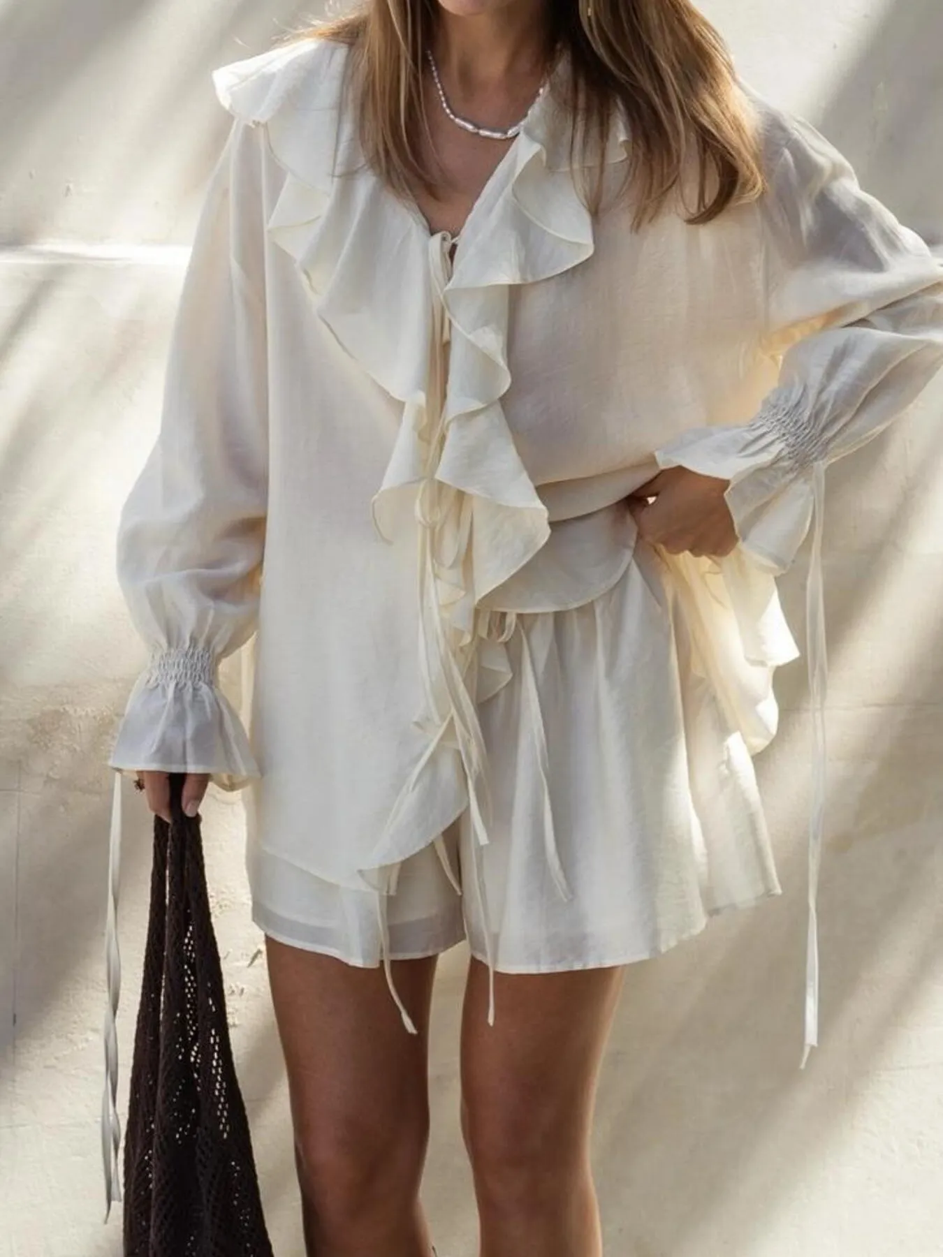 Ruffled Long Sleeve Shirt and Shorts Set - Image 4
