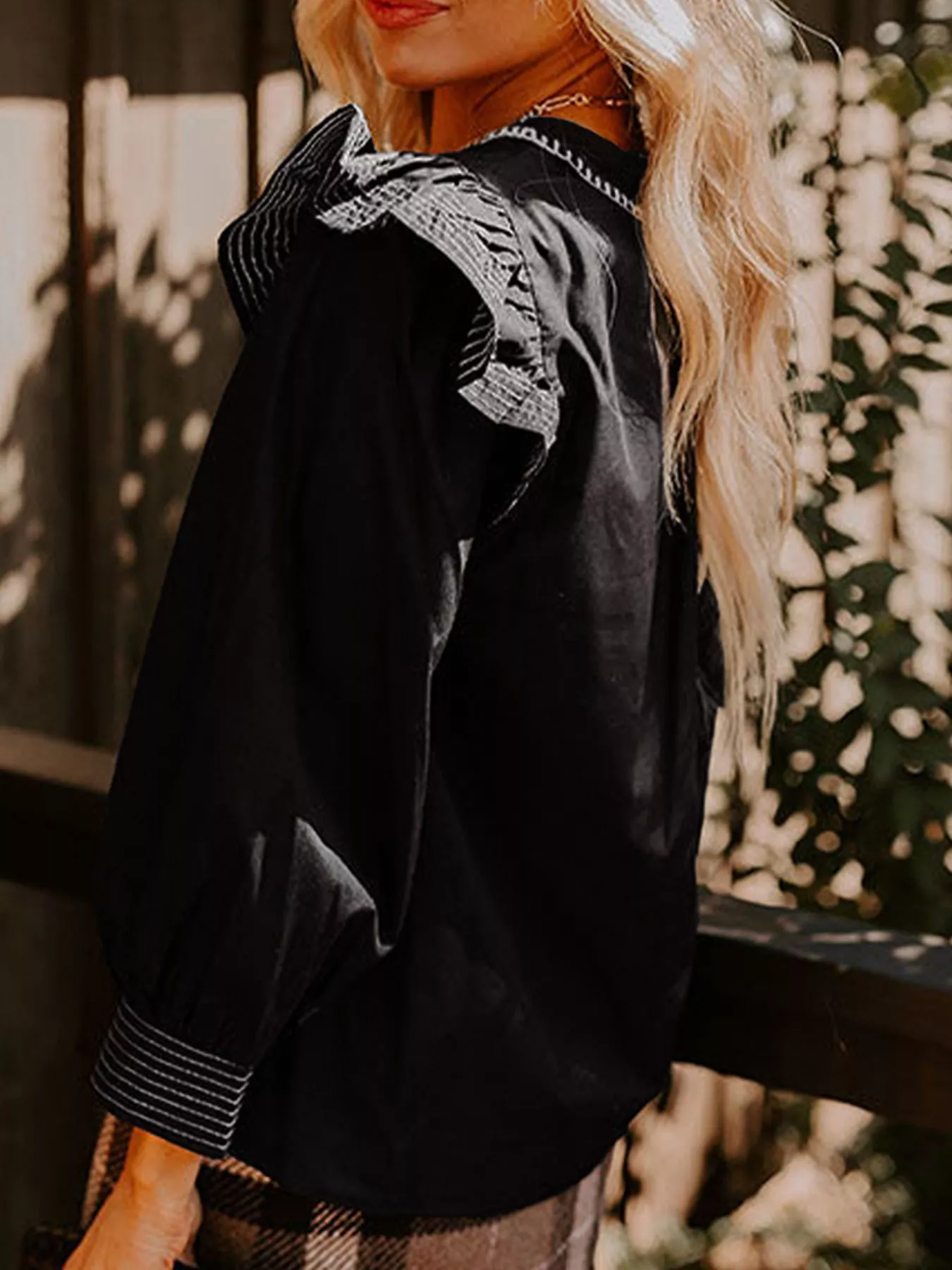 Ruffled Notched Long Sleeve Blouse - Image 3