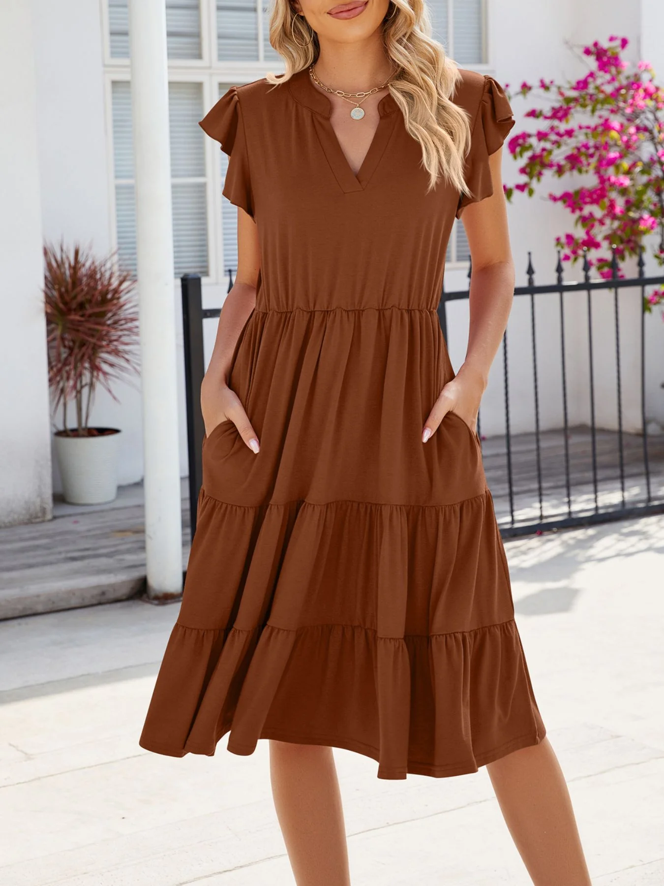 Ruffled Notched Tiered Midi Dress - Image 3
