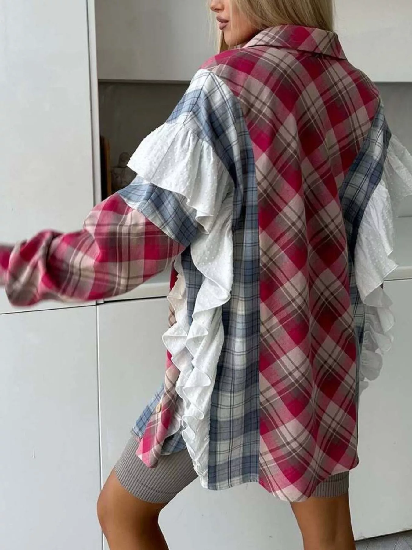 Ruffled Plaid Long Sleeve Shirt - Image 6