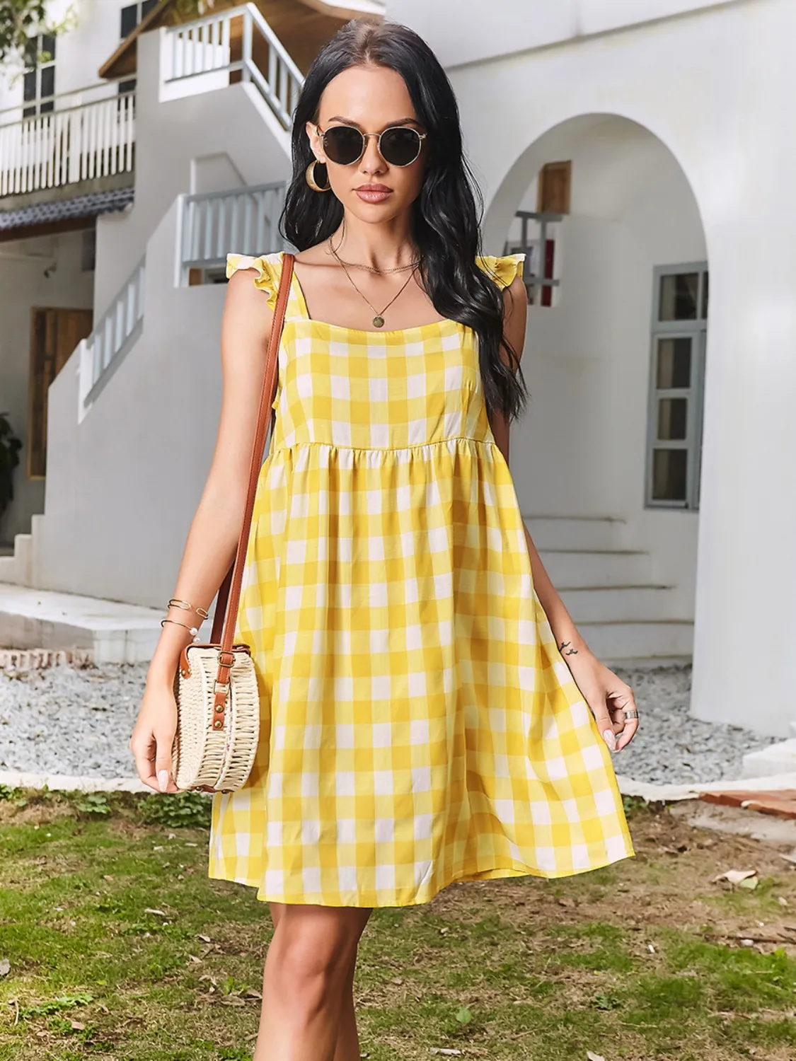Ruffled Plaid Square Neck Mini Dress - Image 5