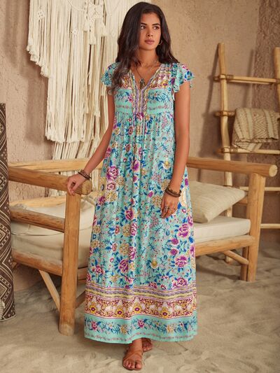 Ruffled Printed Tie Neck Cap Sleeve Dress - Image 8