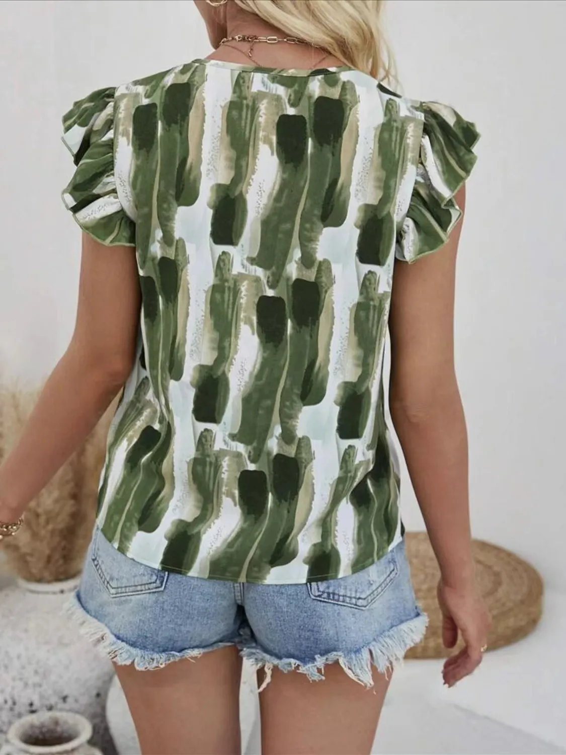 Ruffled Printed V-Neck Cap Sleeve Blouse - Image 2