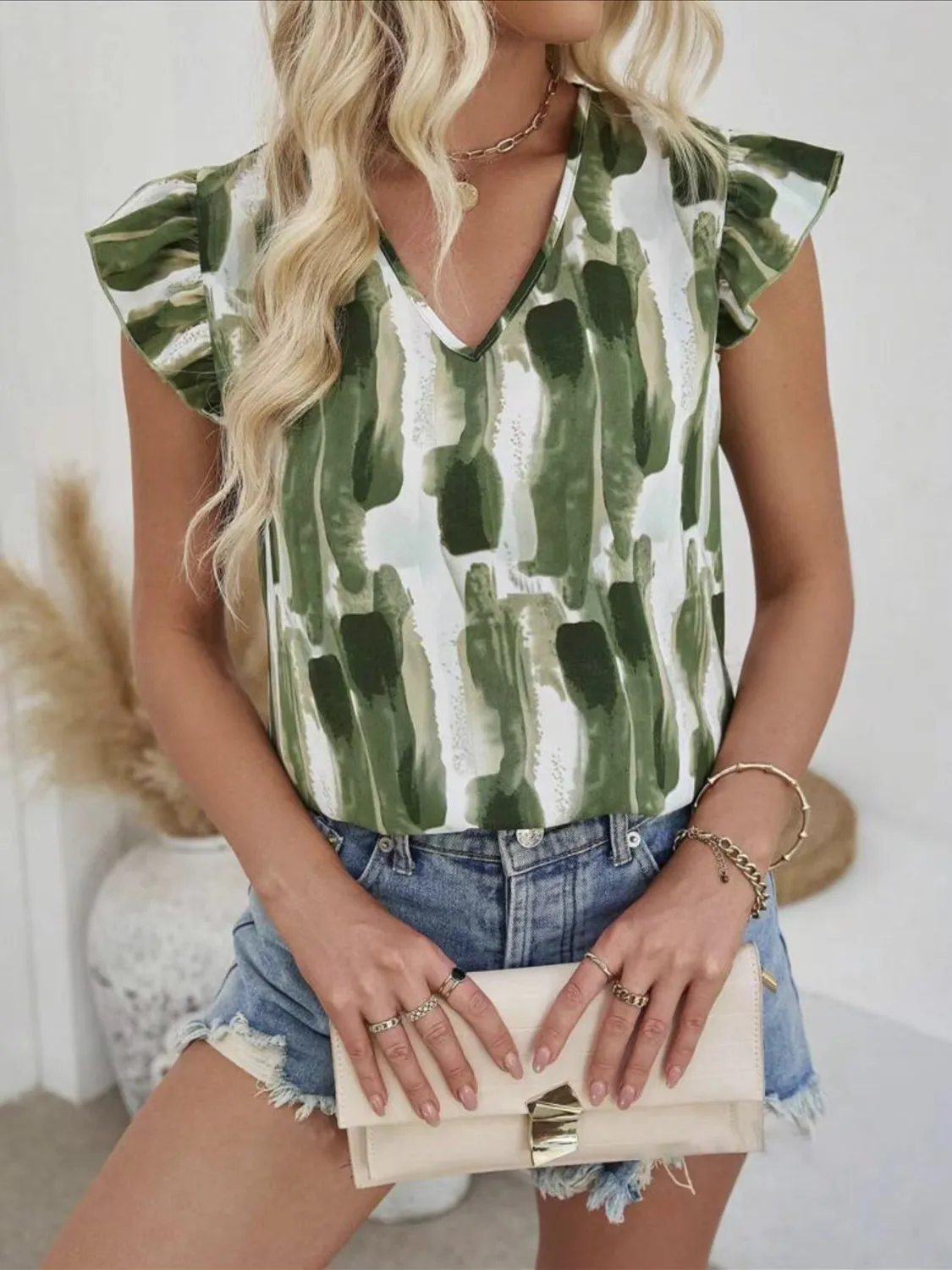 Ruffled Printed V-Neck Cap Sleeve Blouse - Image 3
