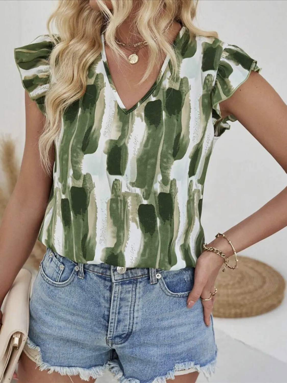 Ruffled Printed V-Neck Cap Sleeve Blouse - Image 5