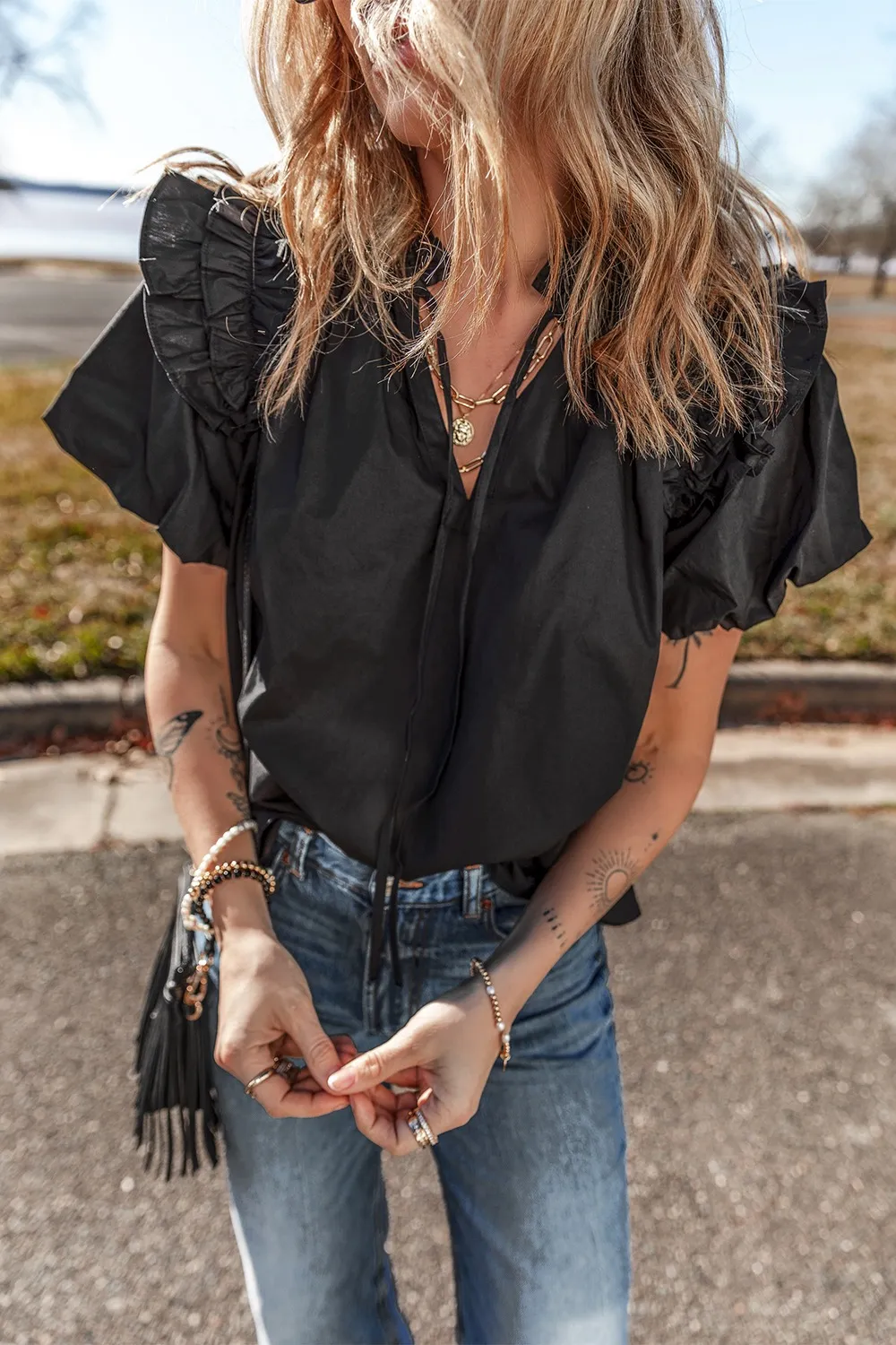 Ruffled Puff Short Sleeve Loose Blouse - Image 4