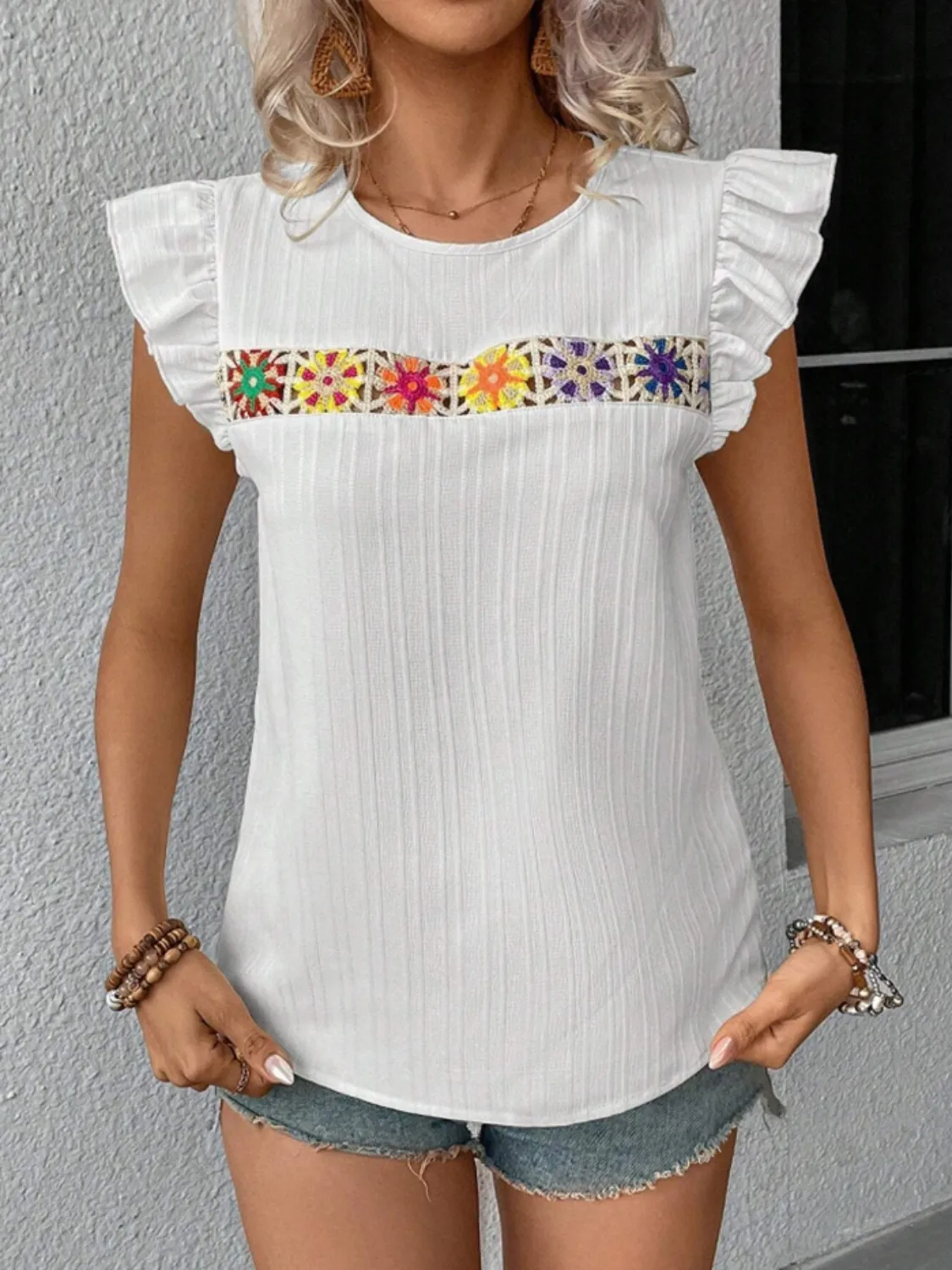 Ruffled Round Neck Cap Sleeve Blouse - Image 10