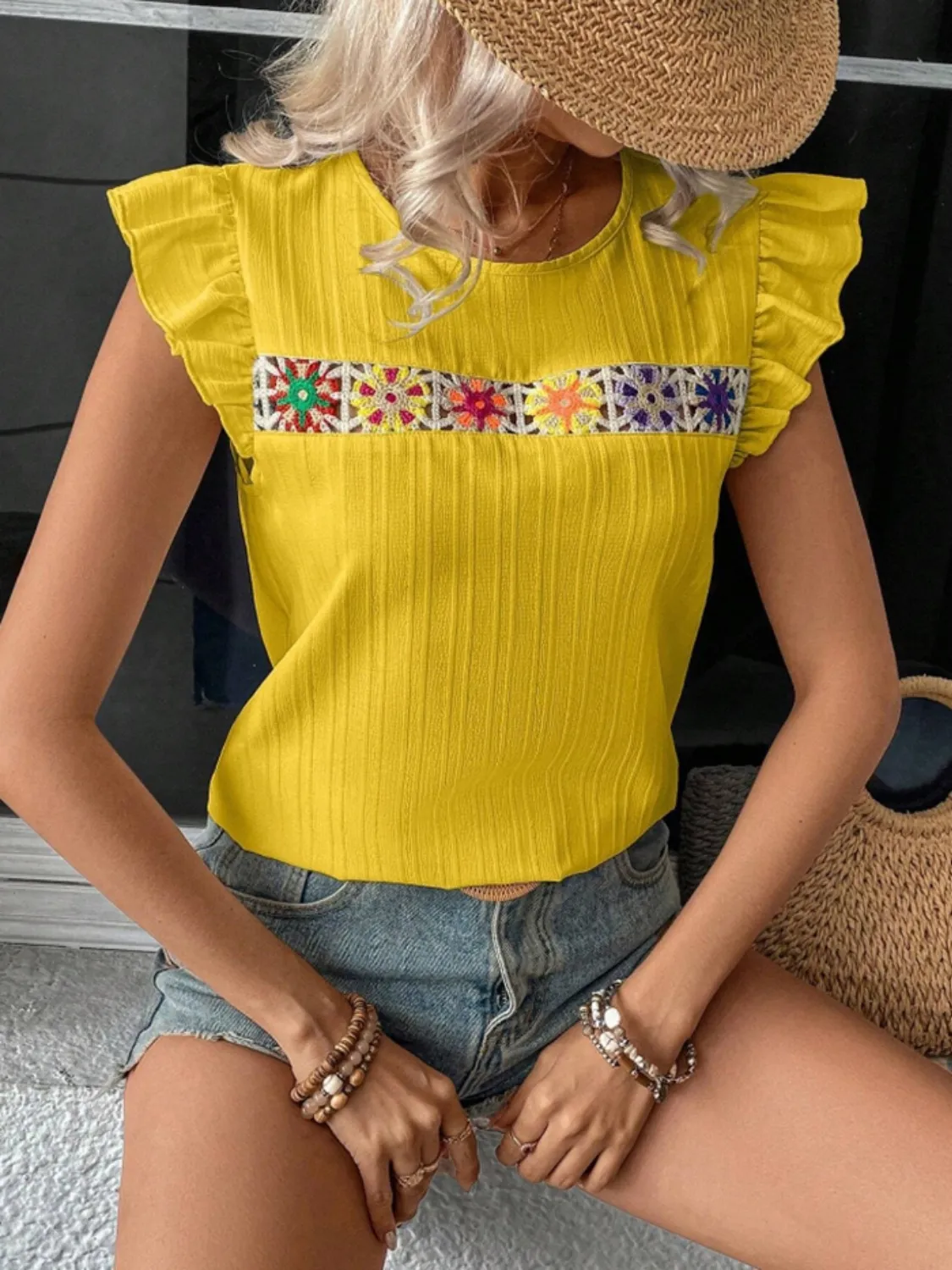 Ruffled Round Neck Cap Sleeve Blouse - Image 2