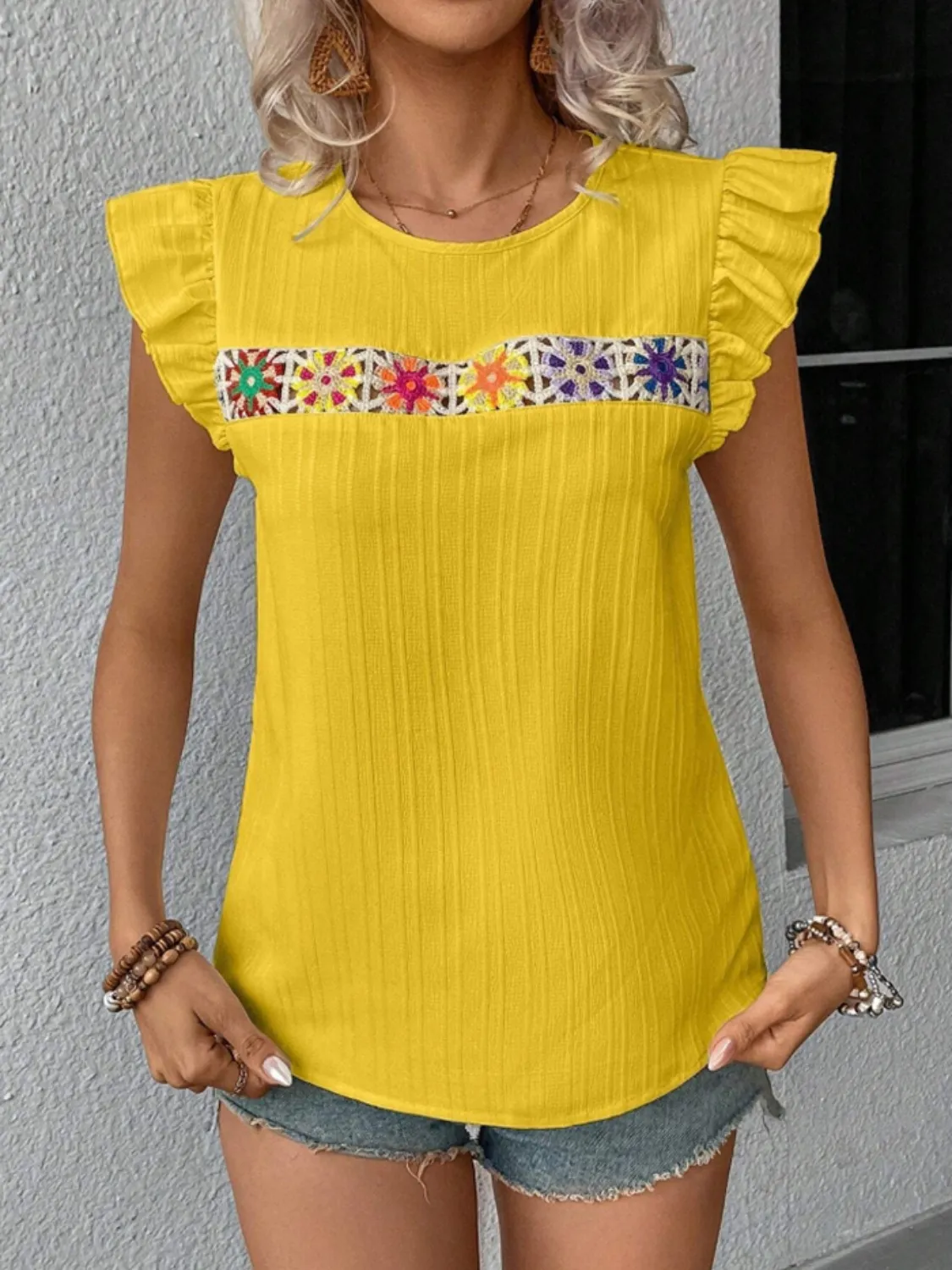 Ruffled Round Neck Cap Sleeve Blouse - Image 4