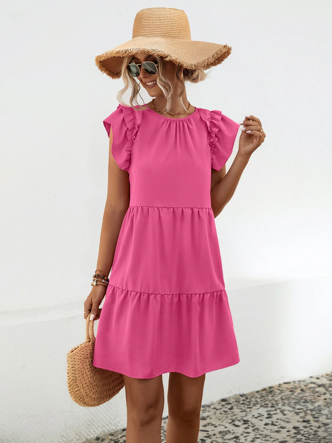 Ruffled Round Neck Cap Sleeve Mini Dress - Image 7