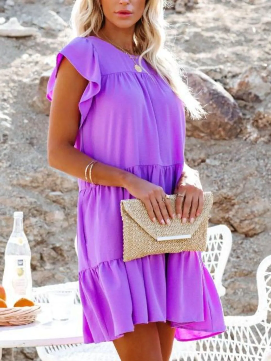 Ruffled Round Neck Cap Sleeve Mini Dress - Image 11
