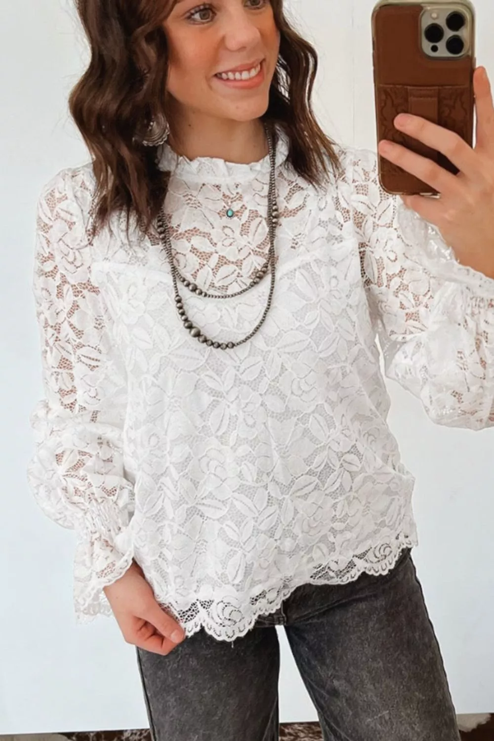 Ruffled Round Neck Long Flounce Sleeve Sheer Lace Blouse - Image 2