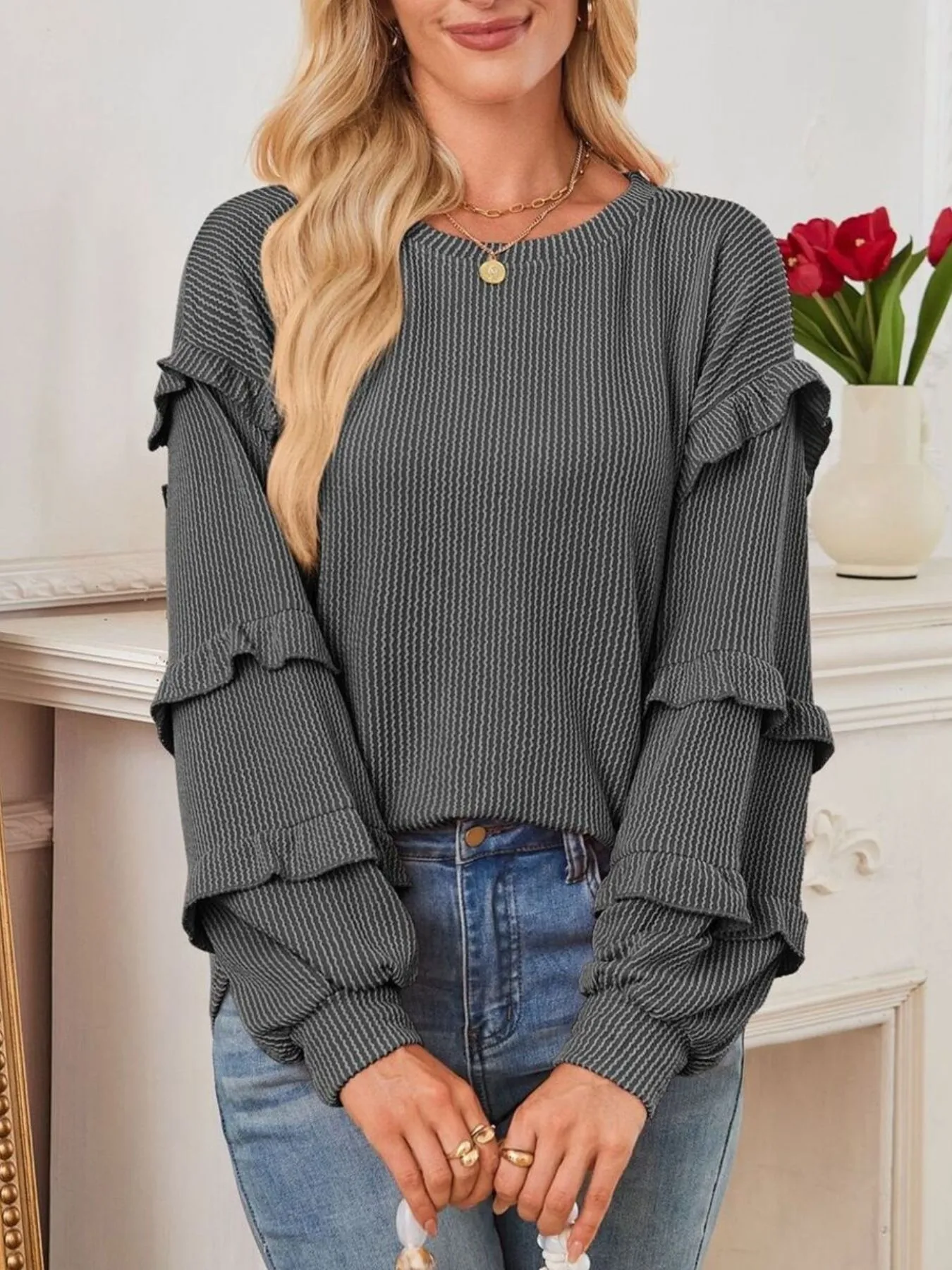Ruffled Round Neck Long Sleeve Sweatshirt - Image 3