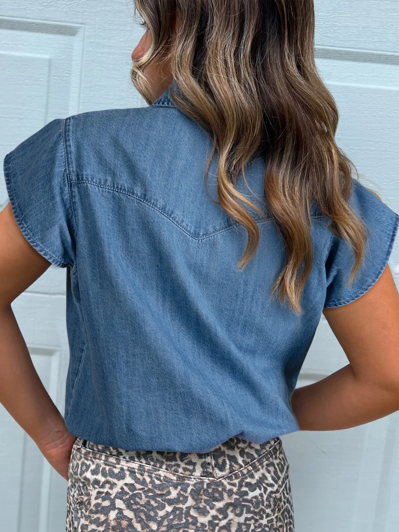 Ruffled Short Sleeve Denim Shirt - Image 2