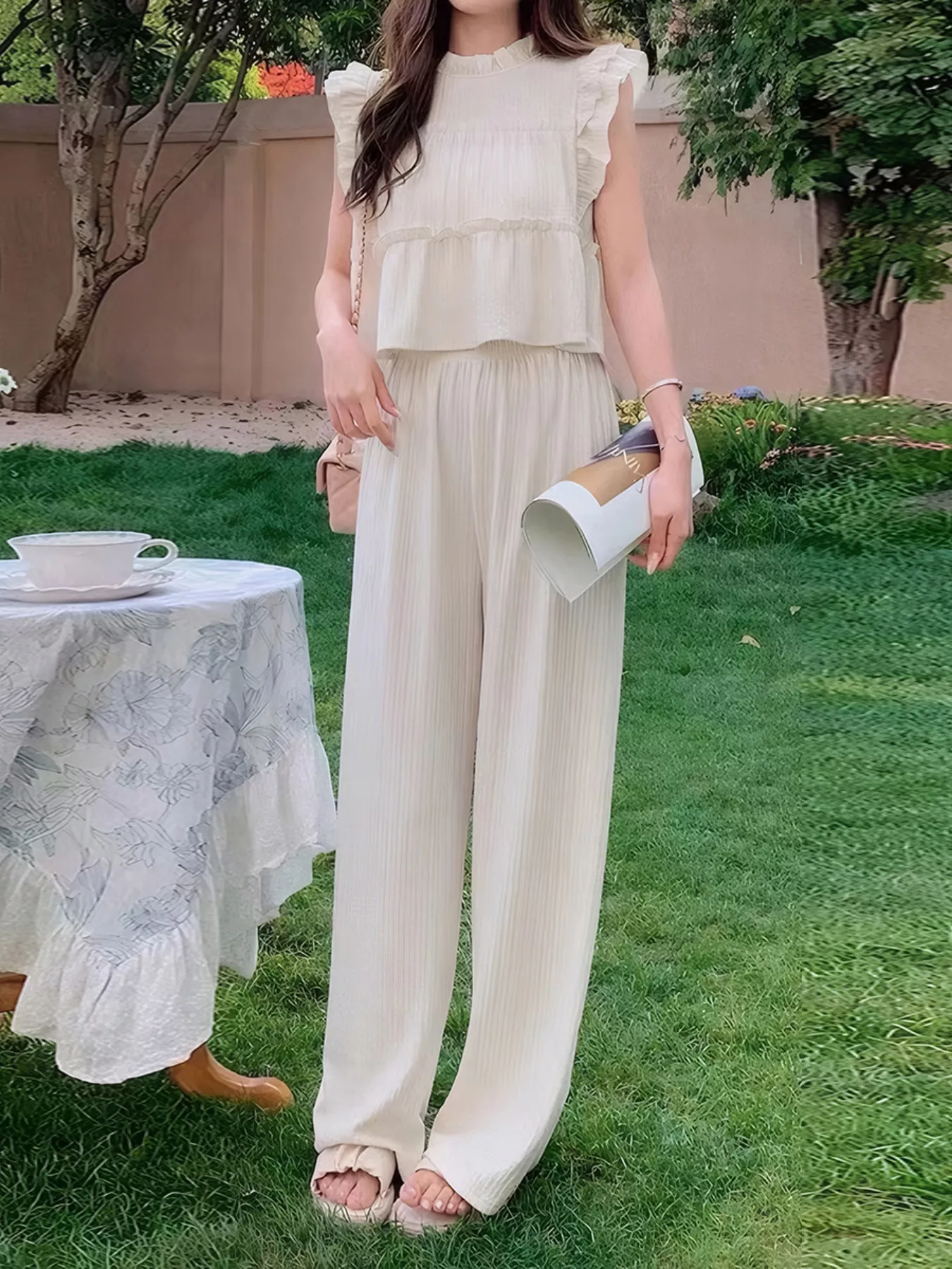 Ruffled Sleeveless Top and Wide Leg Pants Set - Image 2