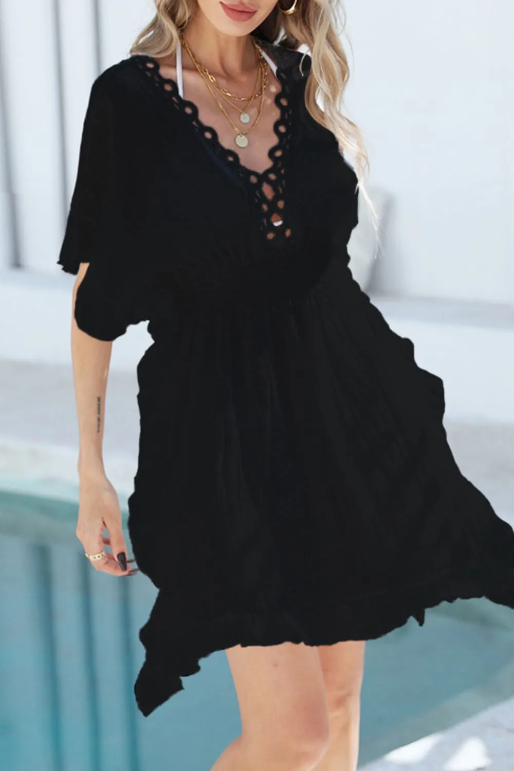 Ruffled Smocked Waist V-Neck Cover-Up - Image 16