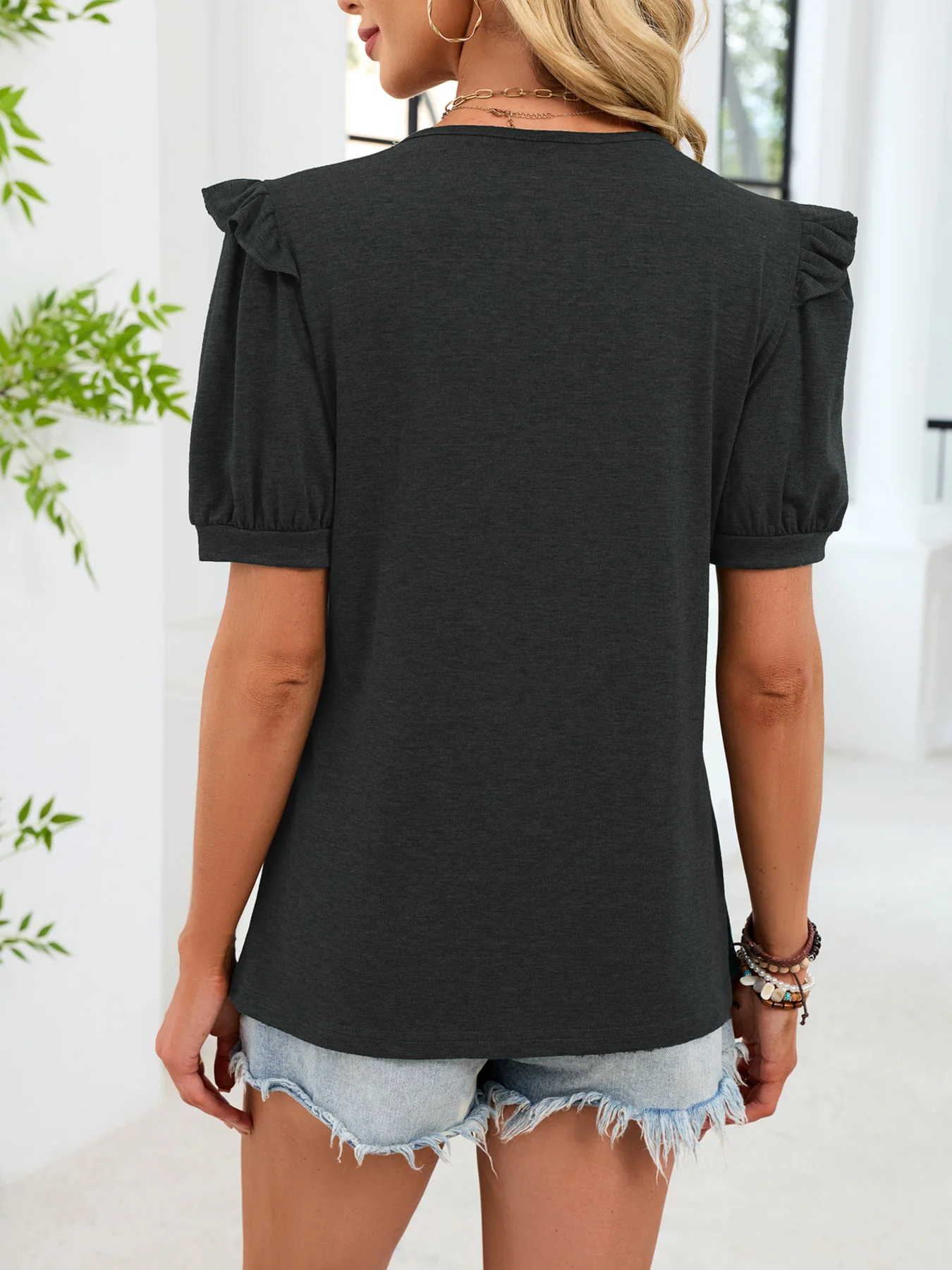 Ruffled Solid Color Short Sleeve T-Shirt - Image 10