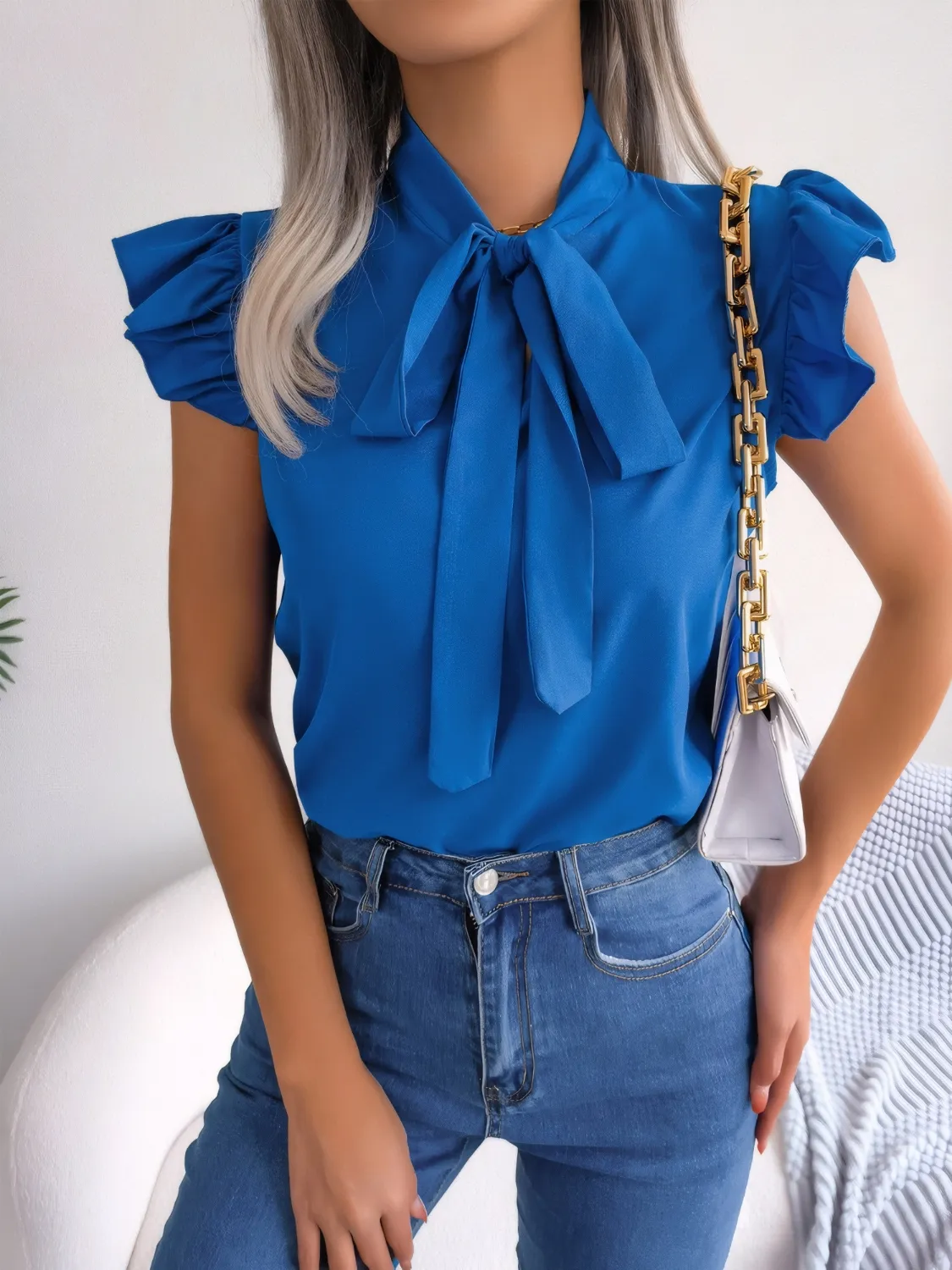 Ruffled Tie Neck Cap Sleeve Blouse - Image 3