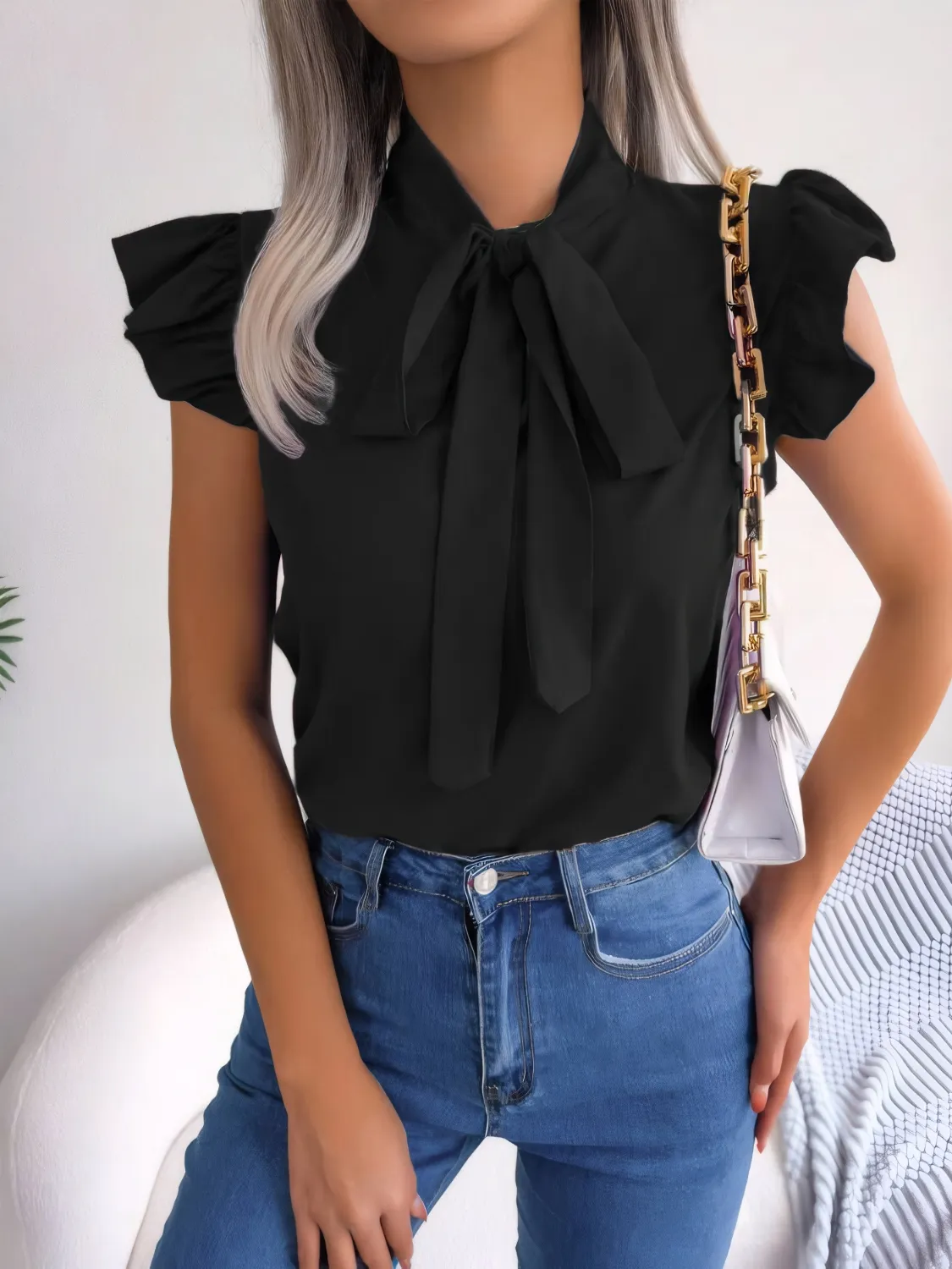 Ruffled Tie Neck Cap Sleeve Blouse - Image 7